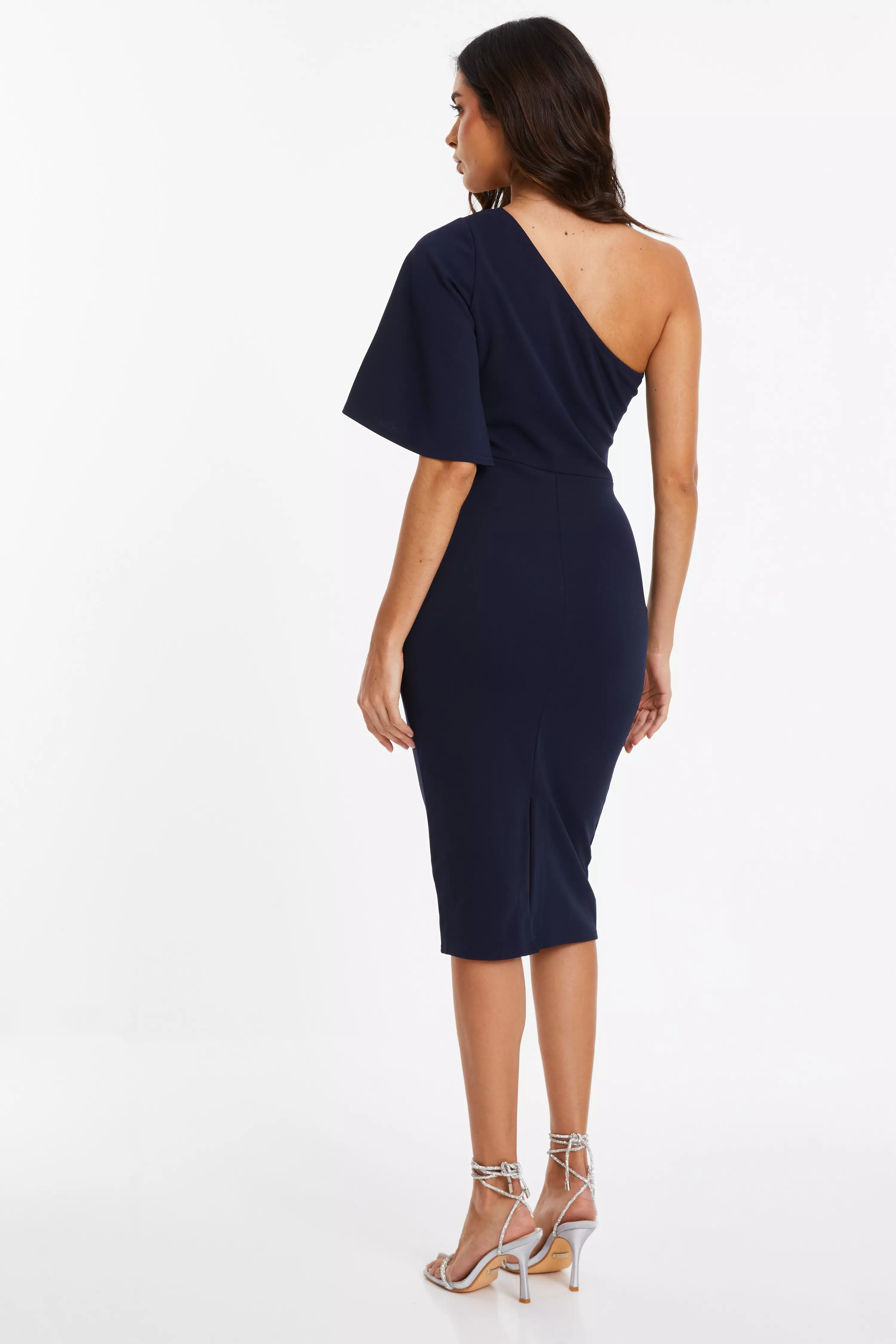 Navy One Shoulder Ruched Midi Dress