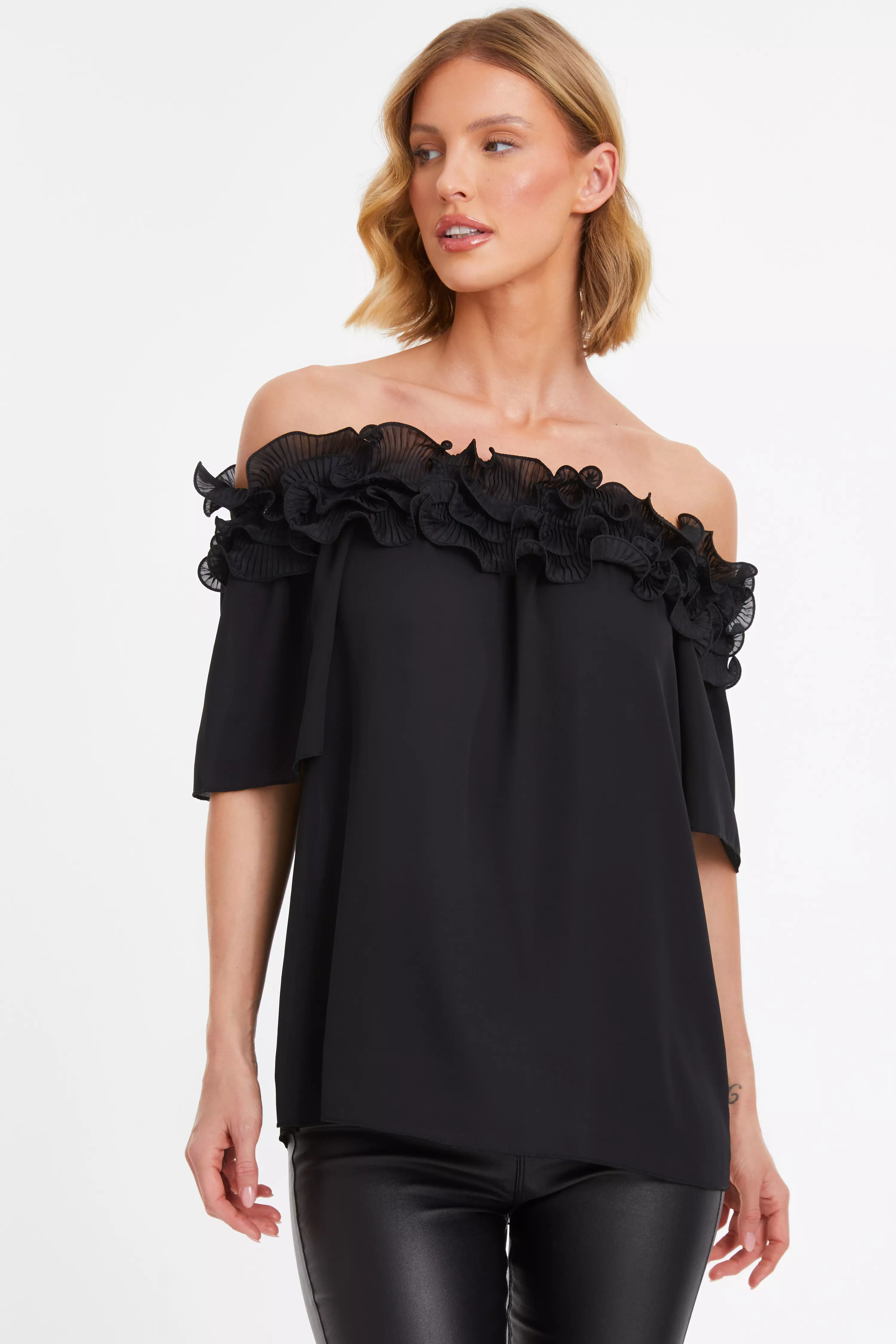 Black frill store bardot top