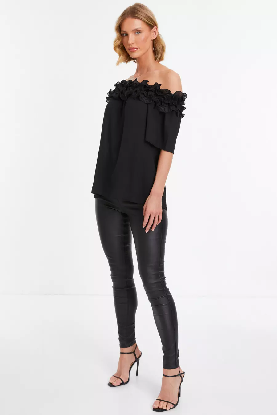 Black Frill Bardot Top QUIZ Clothing