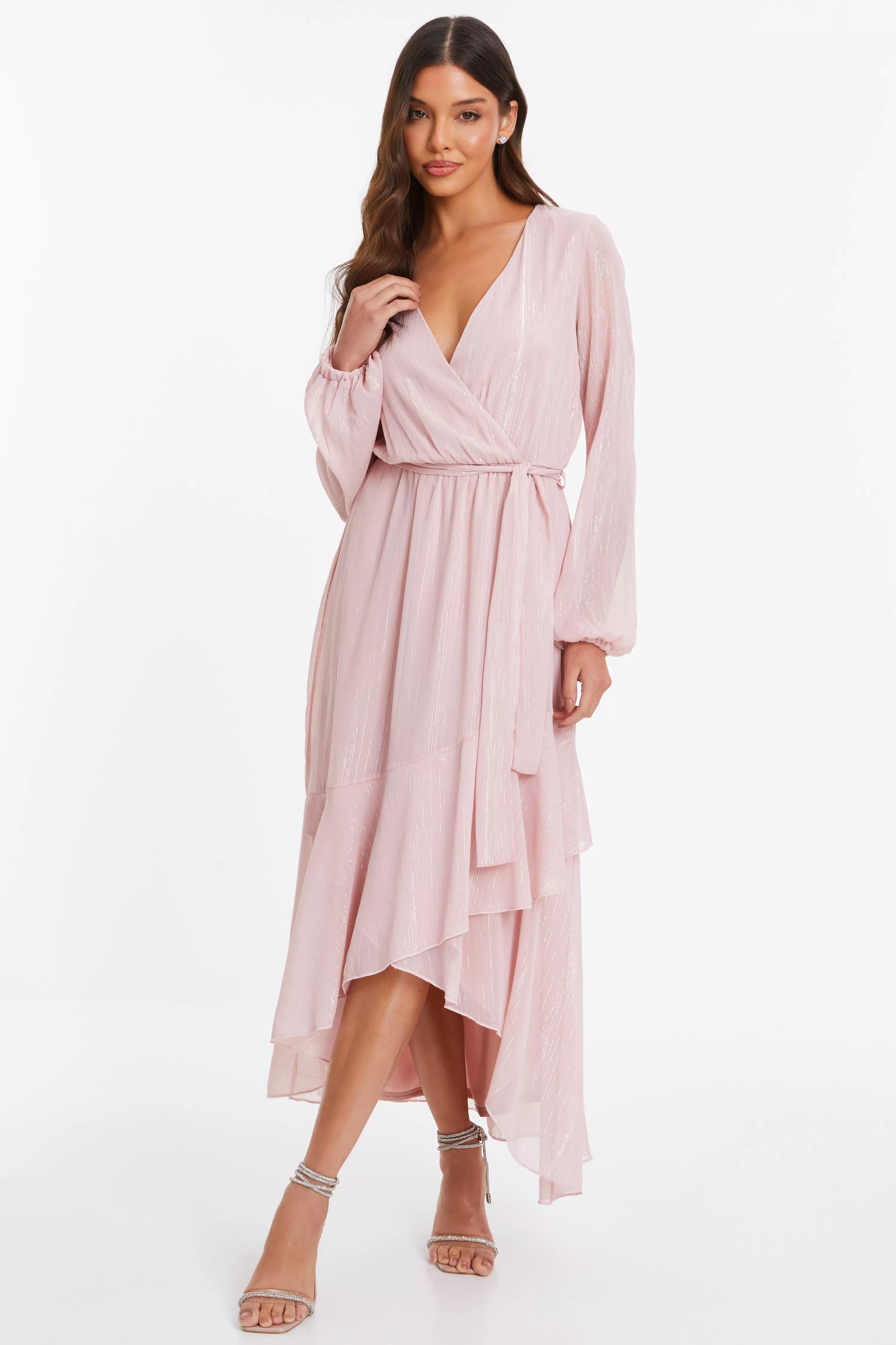 Pale Pink Chiffon Wrap Midi Dress