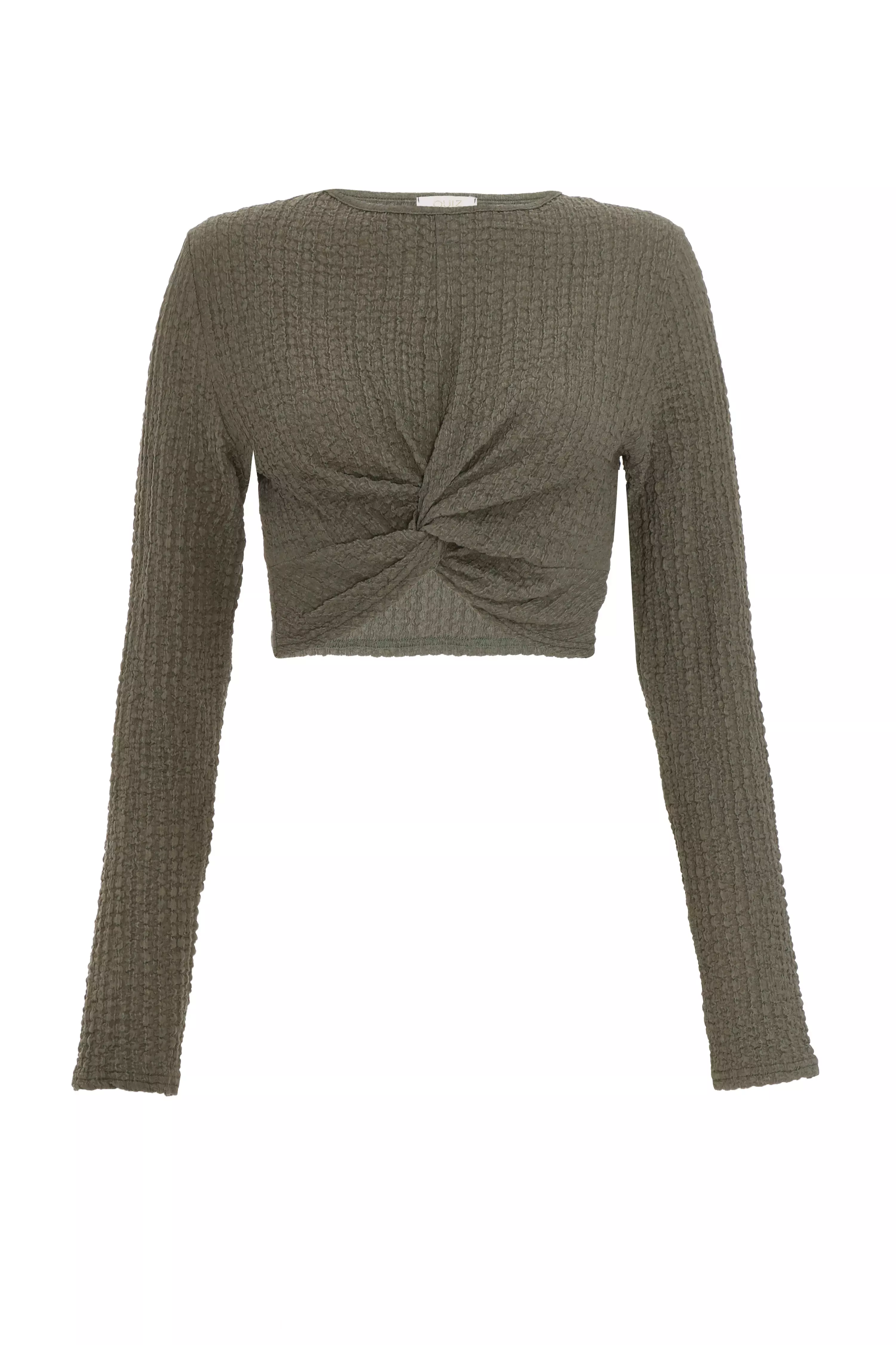 Khaki Textured Knot Front Crop Top