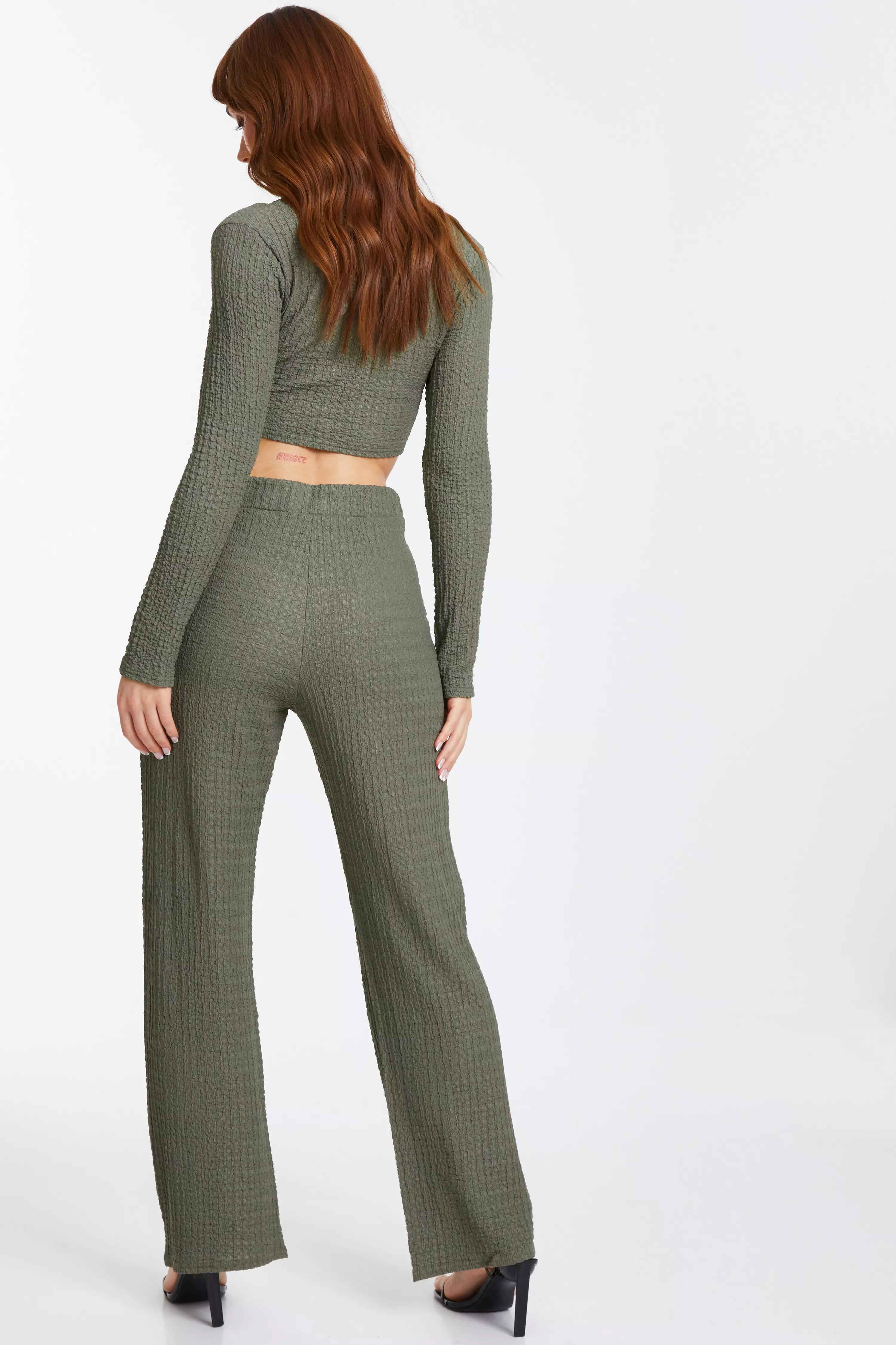 Khaki Textured Palazzo Trousers