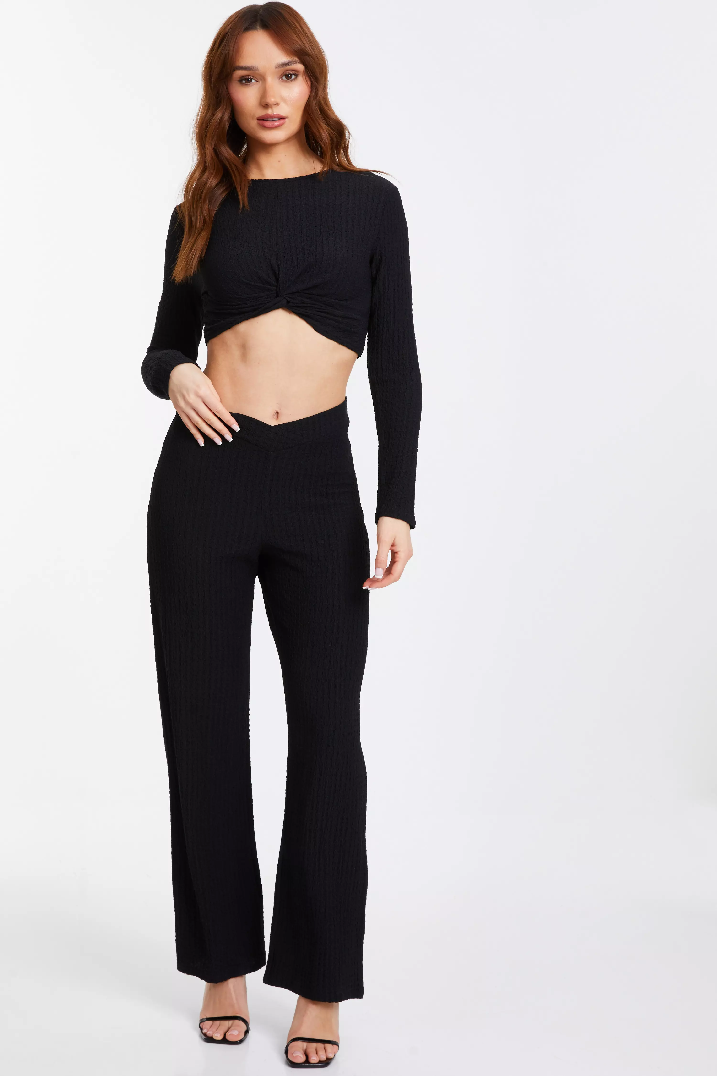 Black Textured Knot Front Crop Top