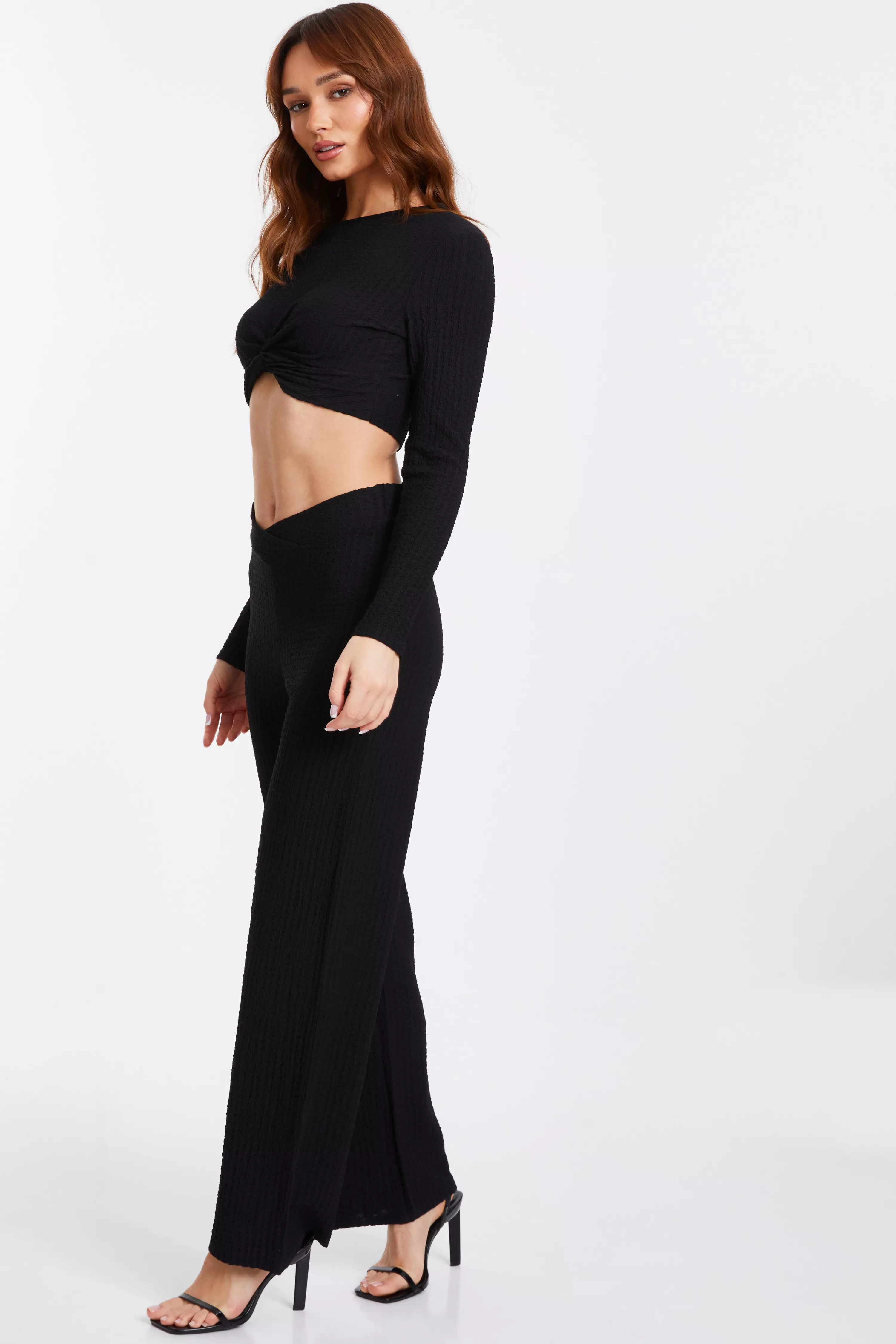 Black Textured Knot Front Crop Top