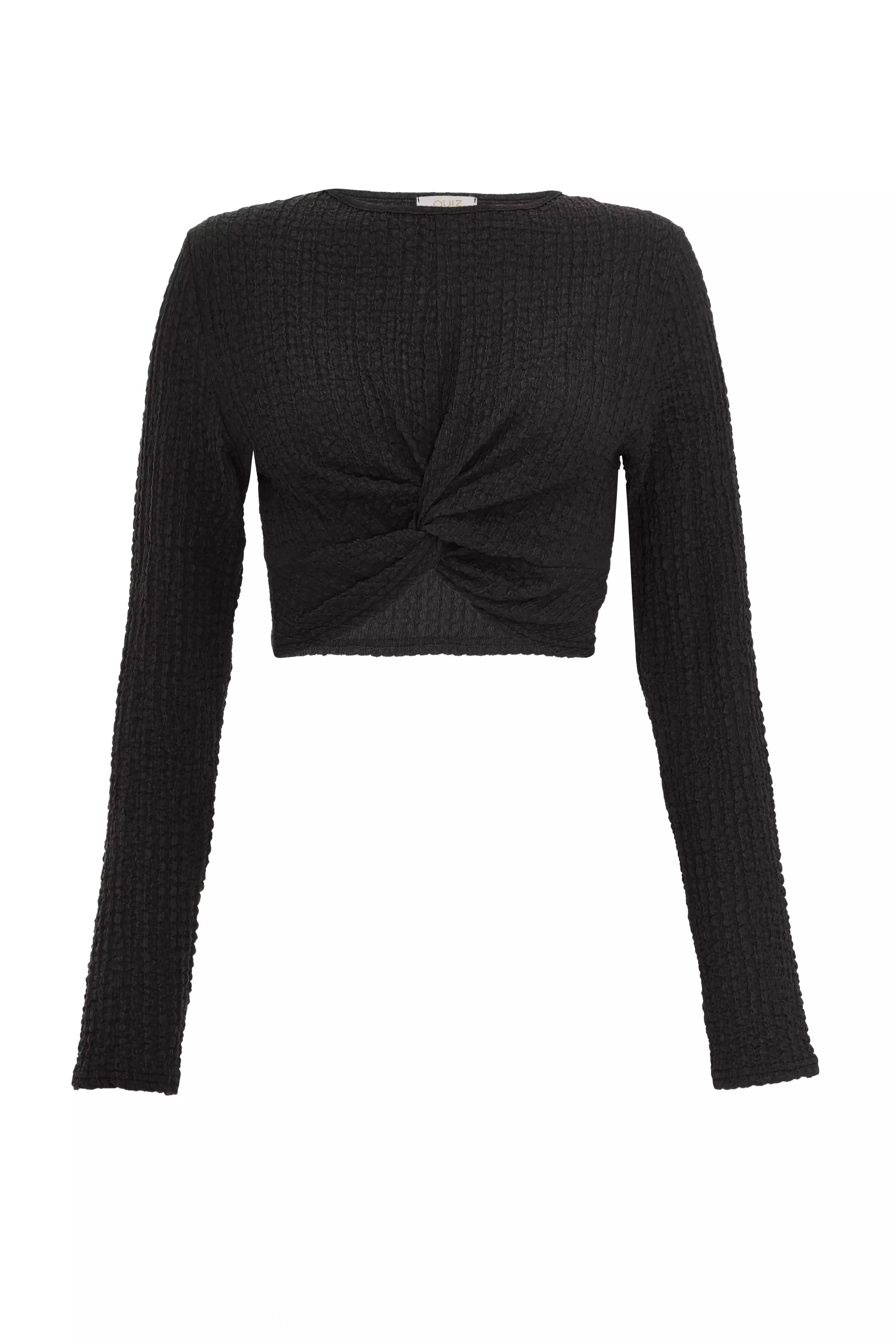 Black Textured Knot Front Crop Top