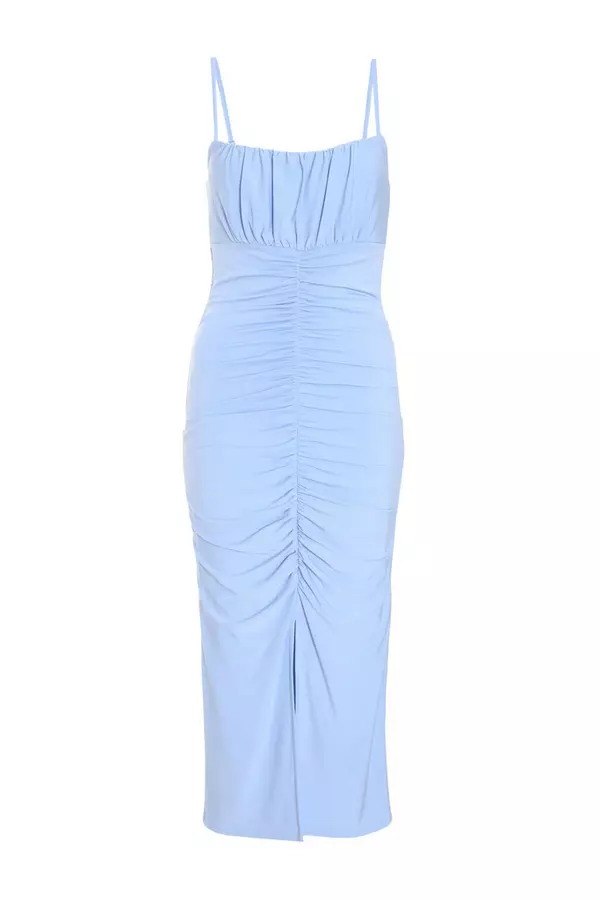Light Blue Strappy Ruched Midi Dress