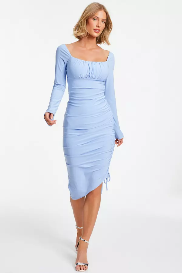 Blue Ruched Midi Dress