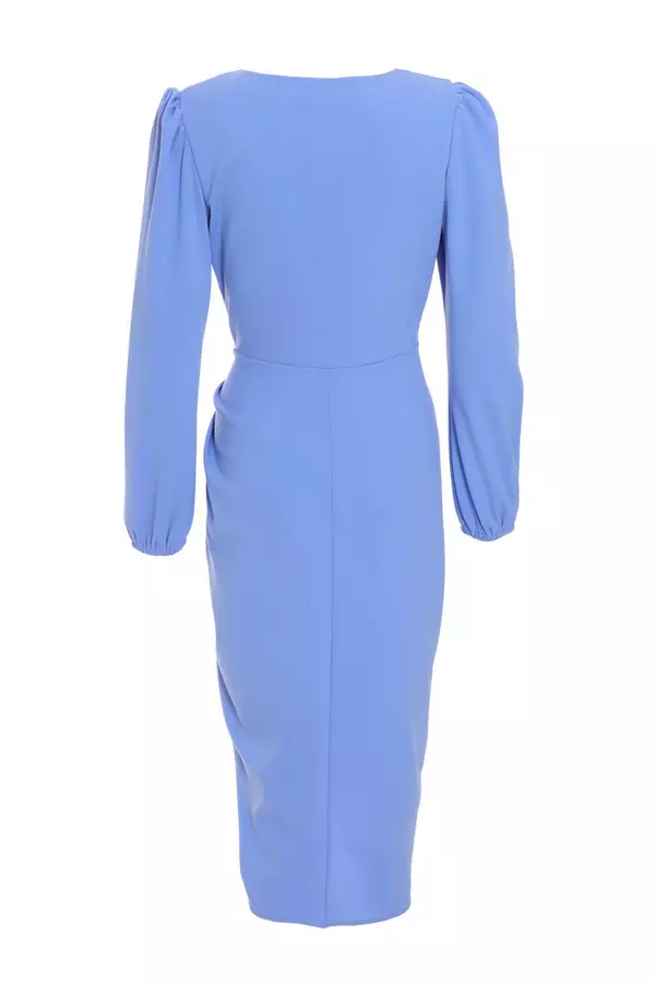 Blue Ruched Wrap Midi Dress