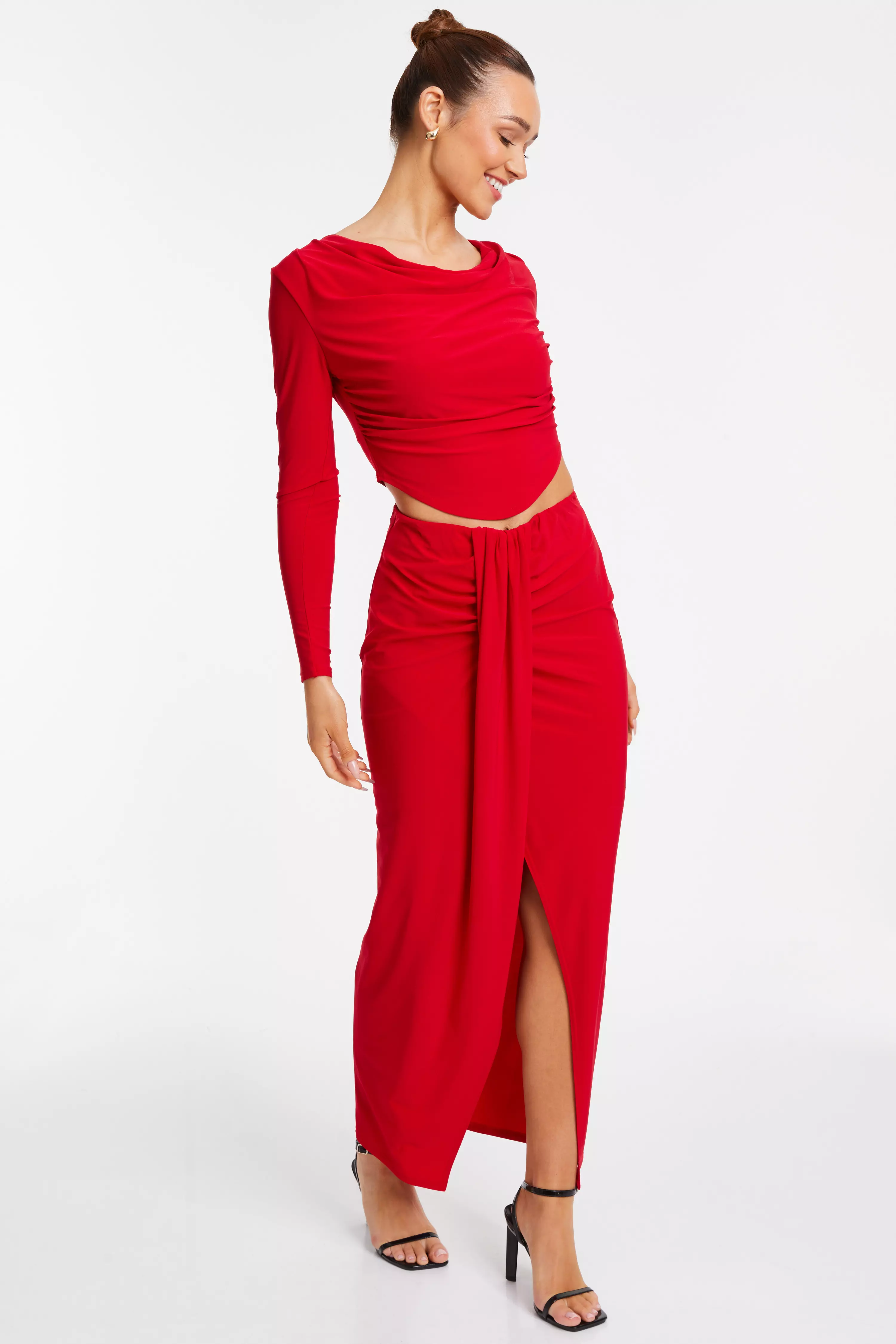 Red Ruched Cowl Neck Top