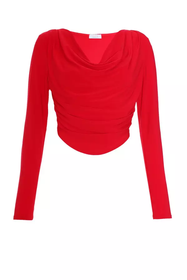 Red Ruched Cowl Neck Top