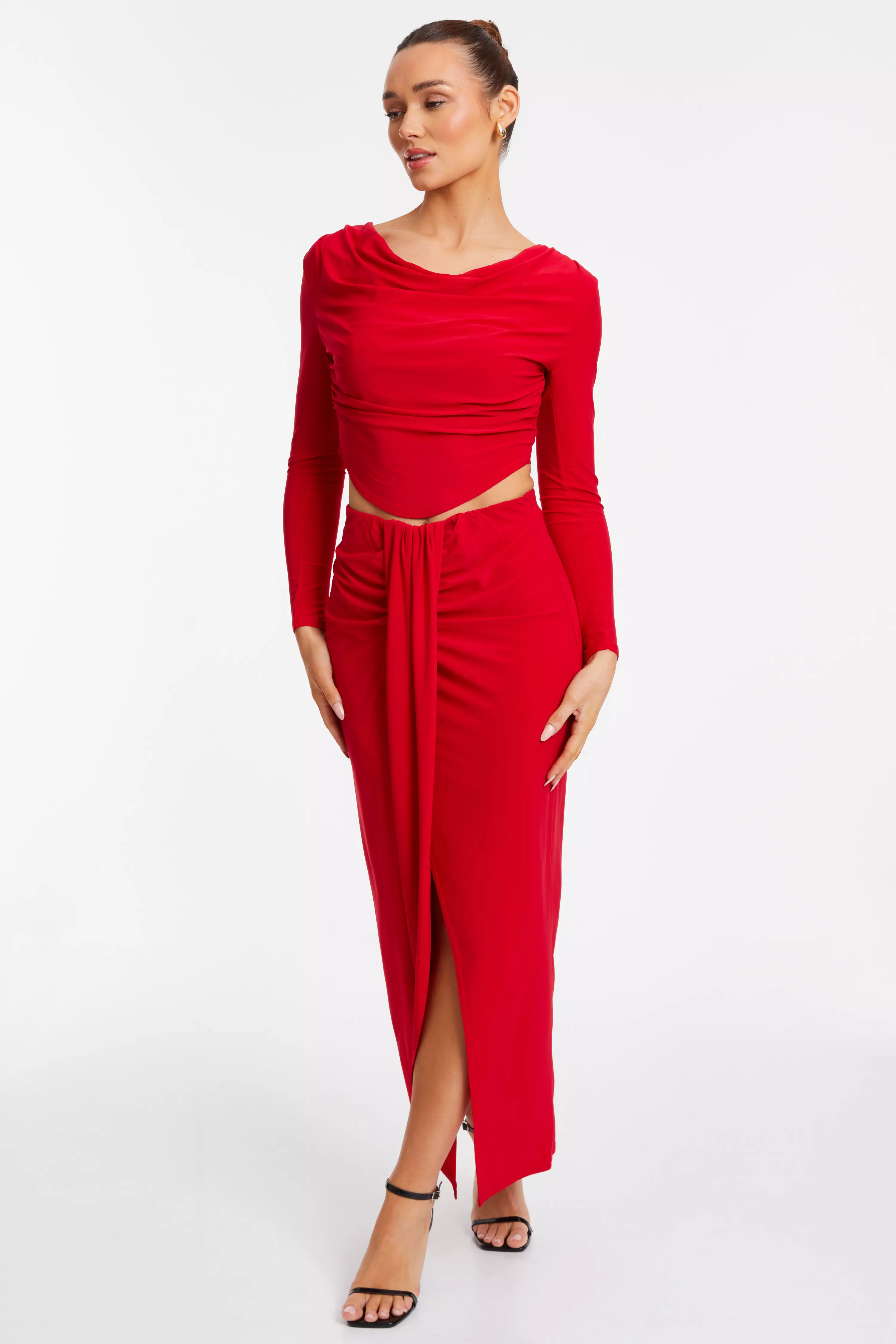 Red Ruched Split Maxi Skirt