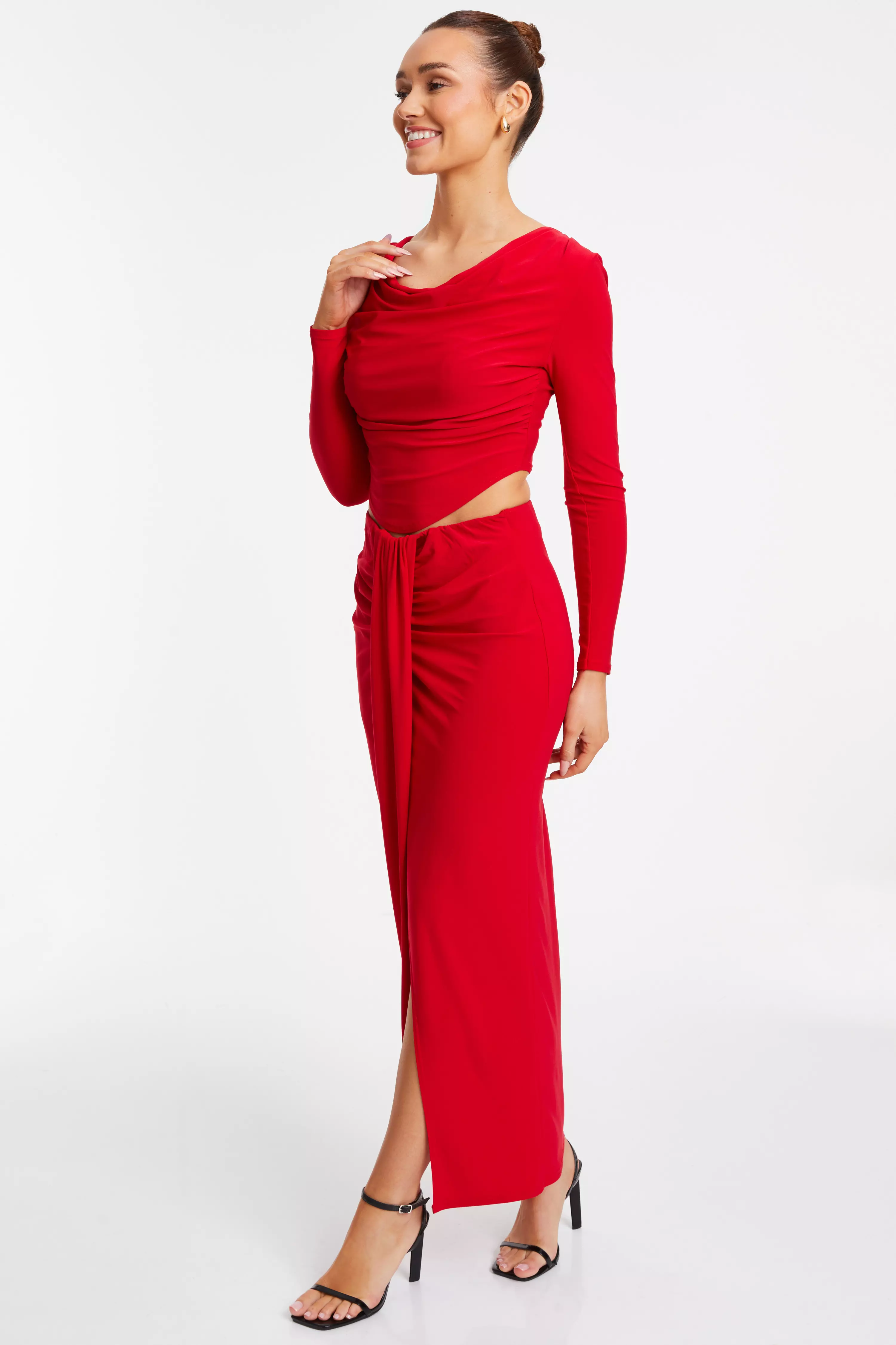 Red Ruched Split Maxi Skirt