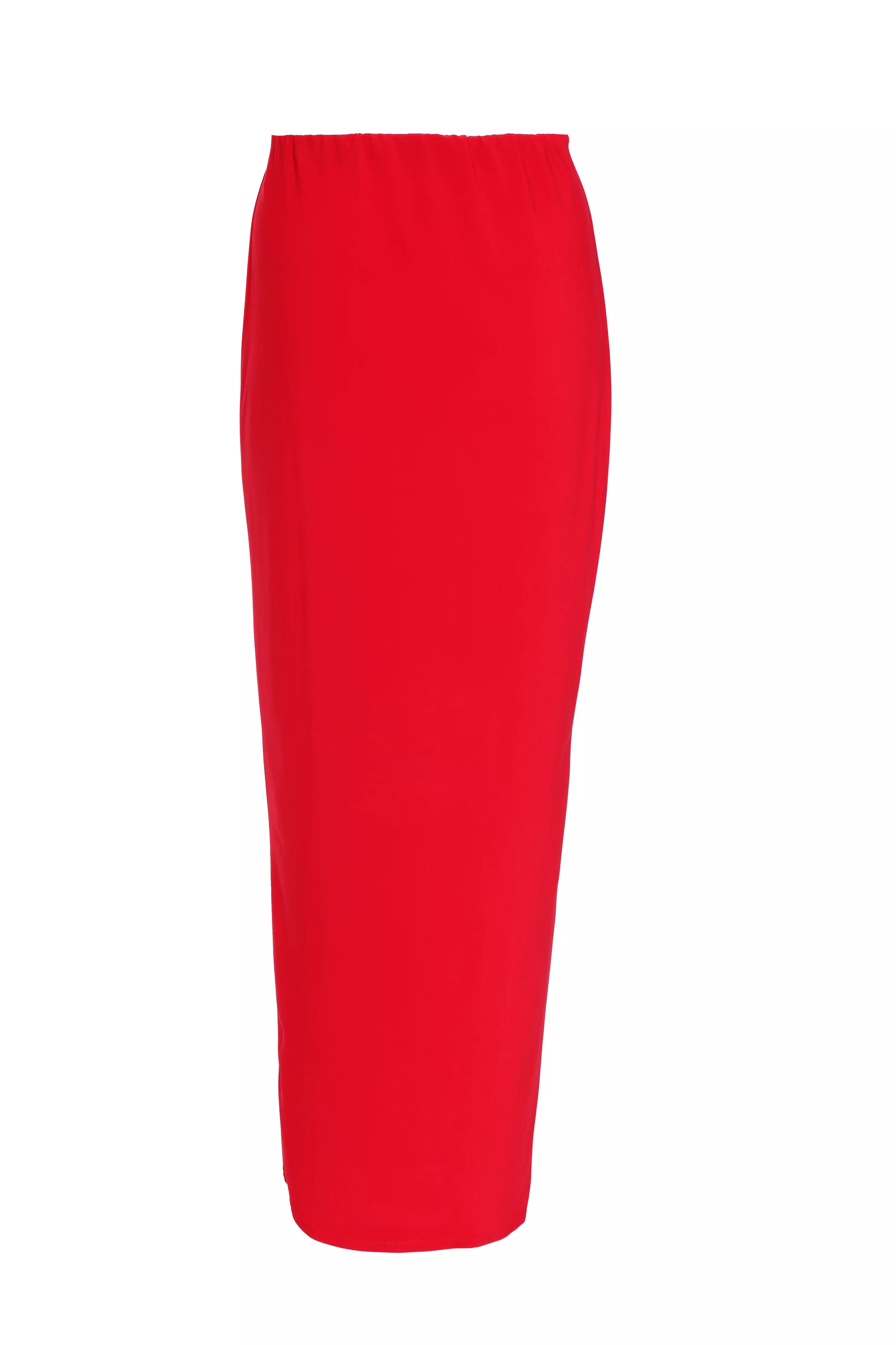 Red Ruched Split Maxi Skirt