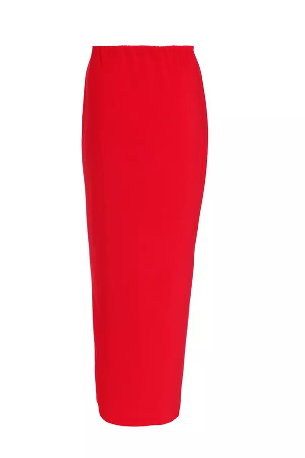 Red Ruched Split Maxi Skirt