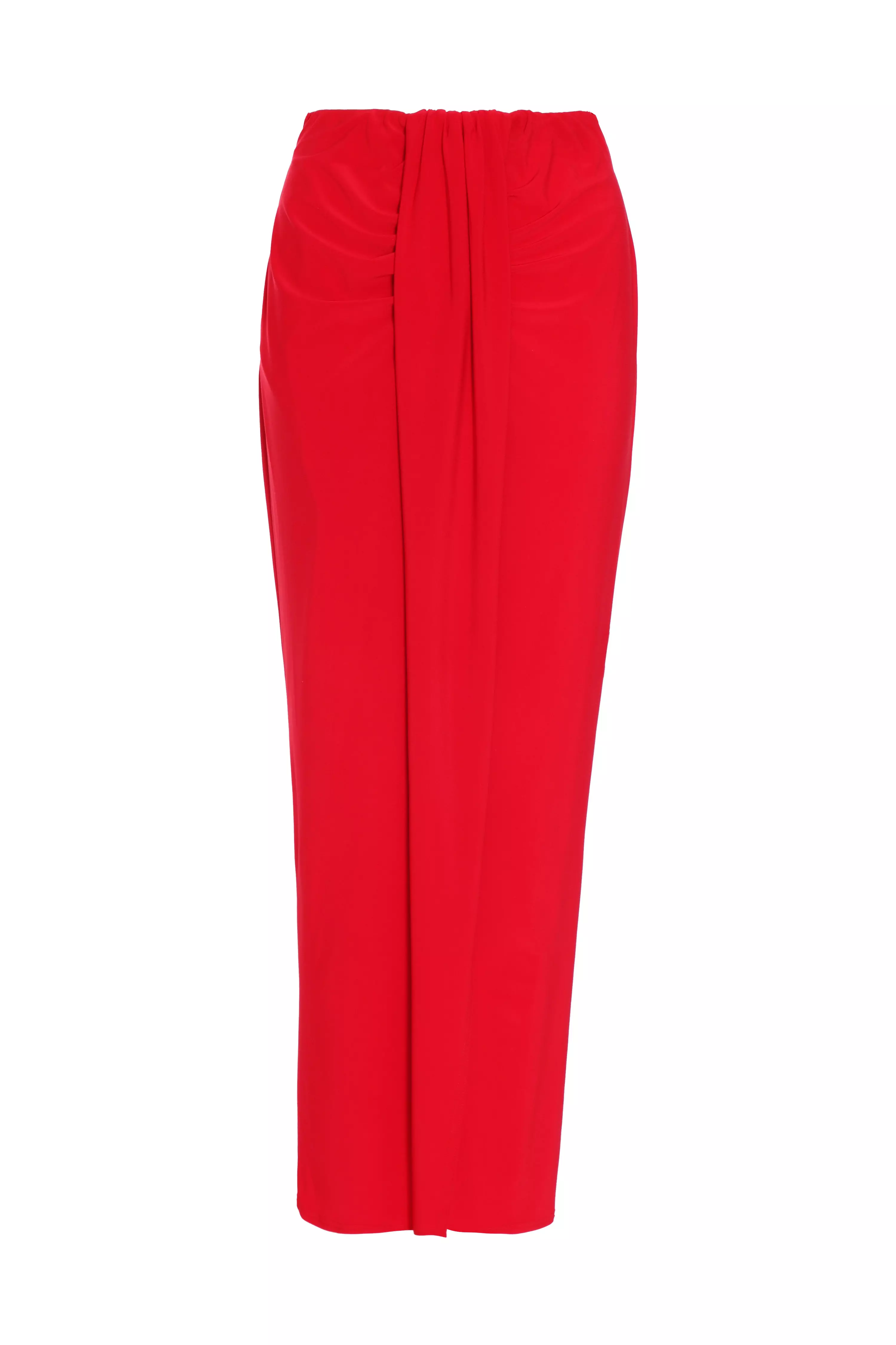 Red Ruched Split Maxi Skirt