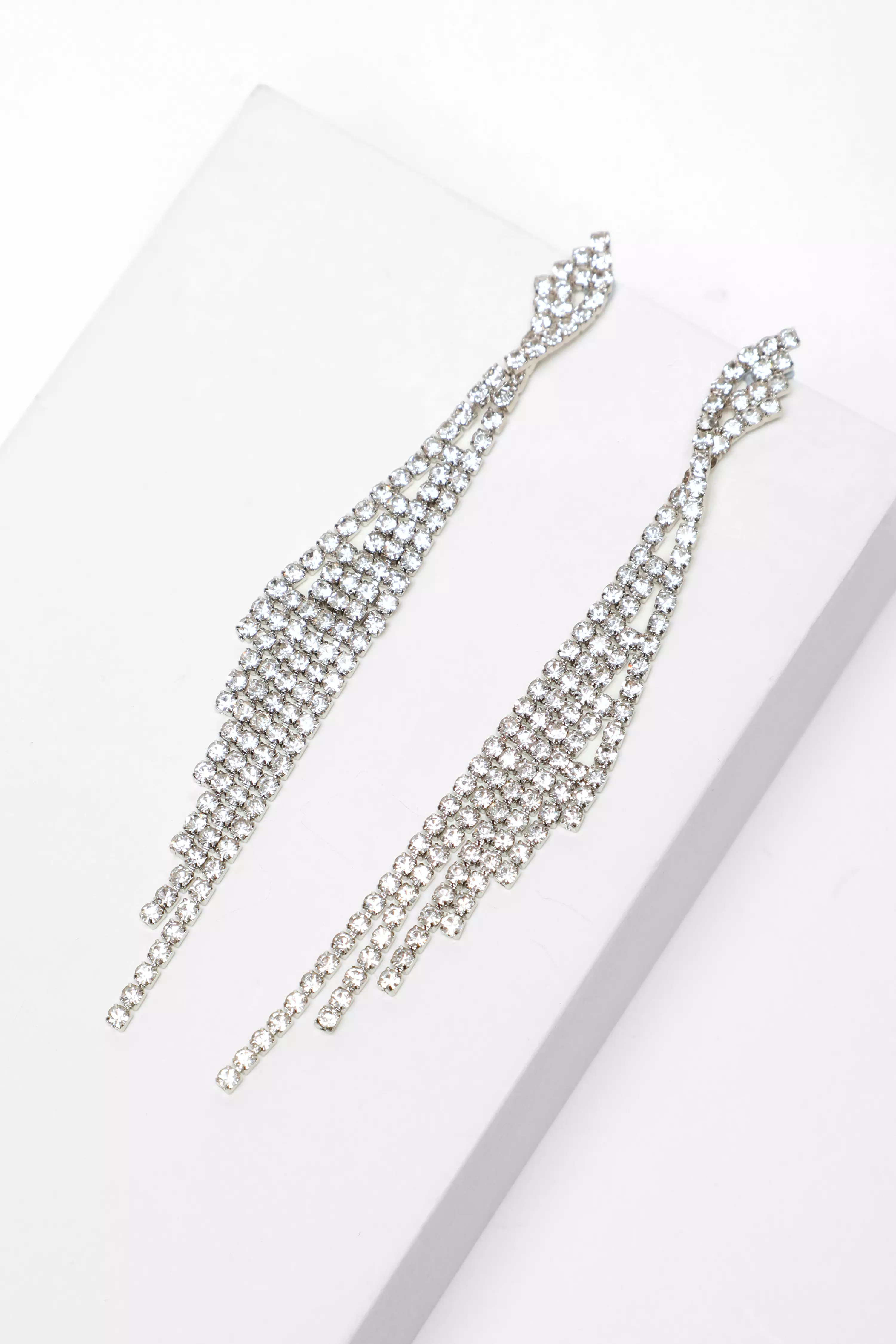 Silver Diamante Fringe Twist Earrings