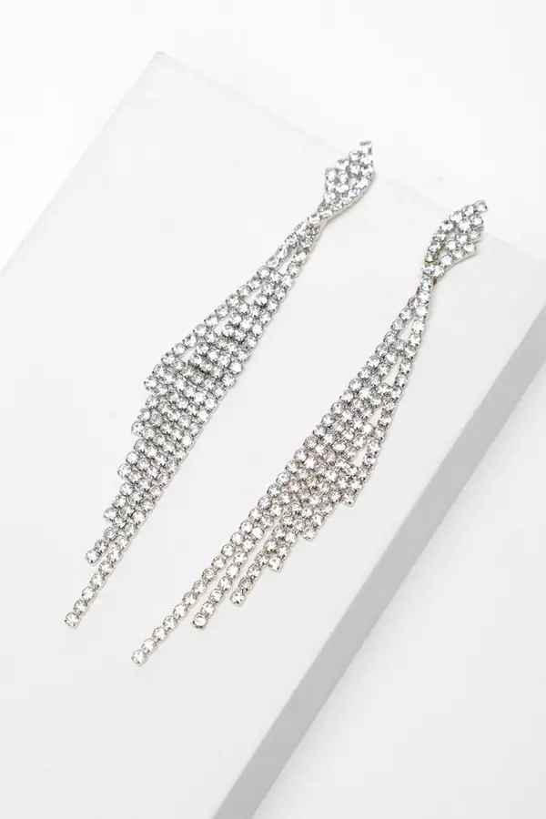 Silver Diamante Fringe Twist Earrings