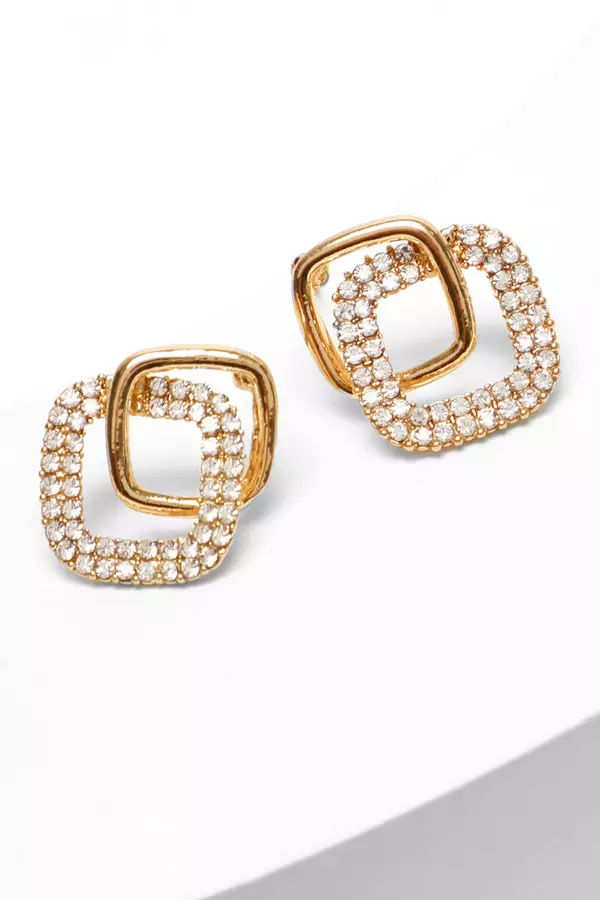 Gold Diamante Double Square Stud Earrings