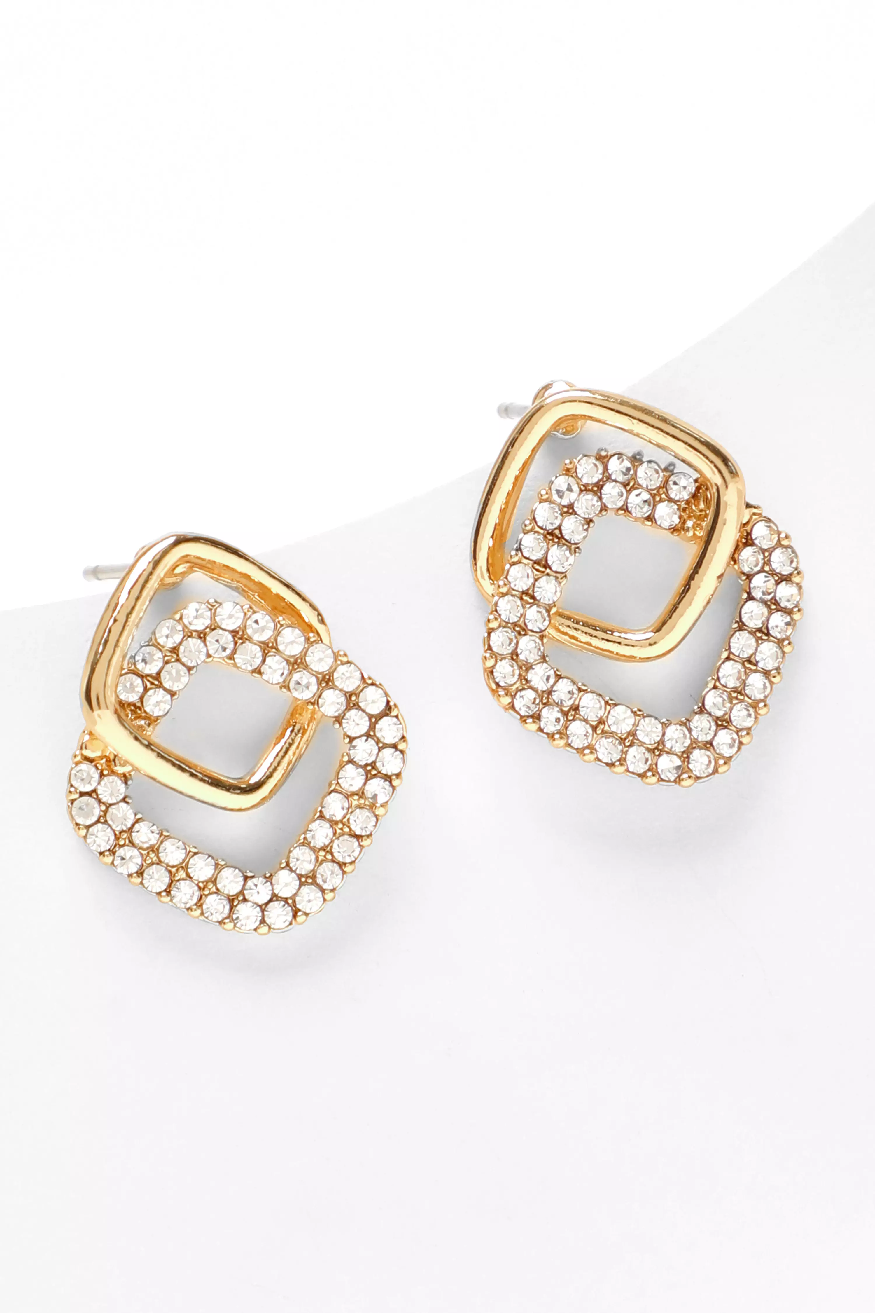 Gold Diamante Double Square Stud Earrings