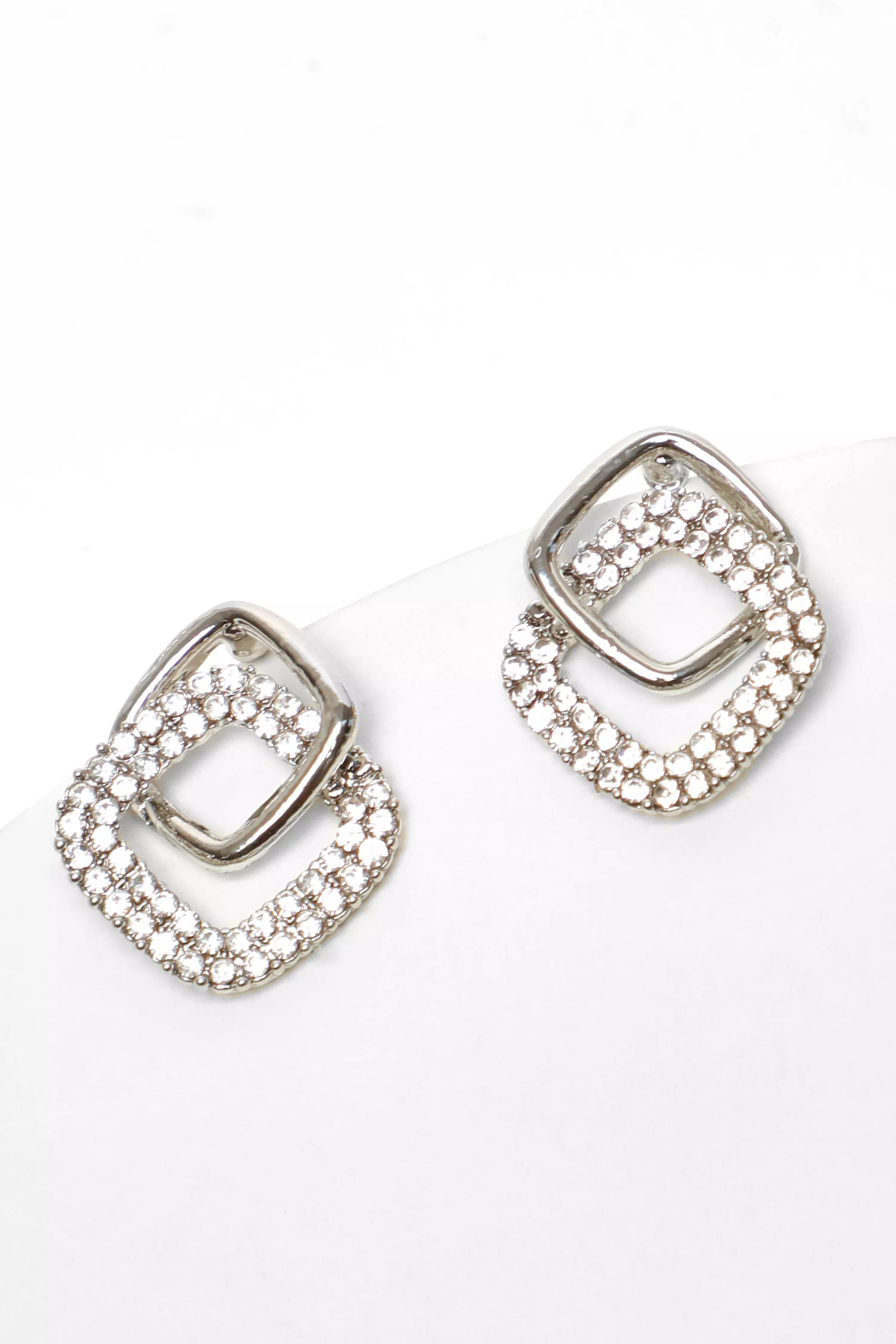 Silver Diamante Double Square Stud Earrings