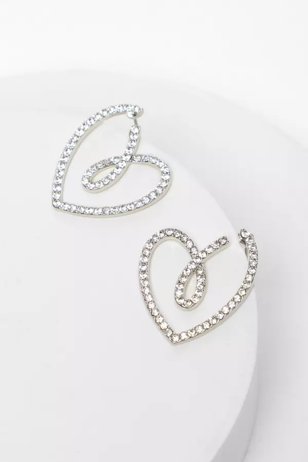 Silver Diamante Heart Stud Earrings