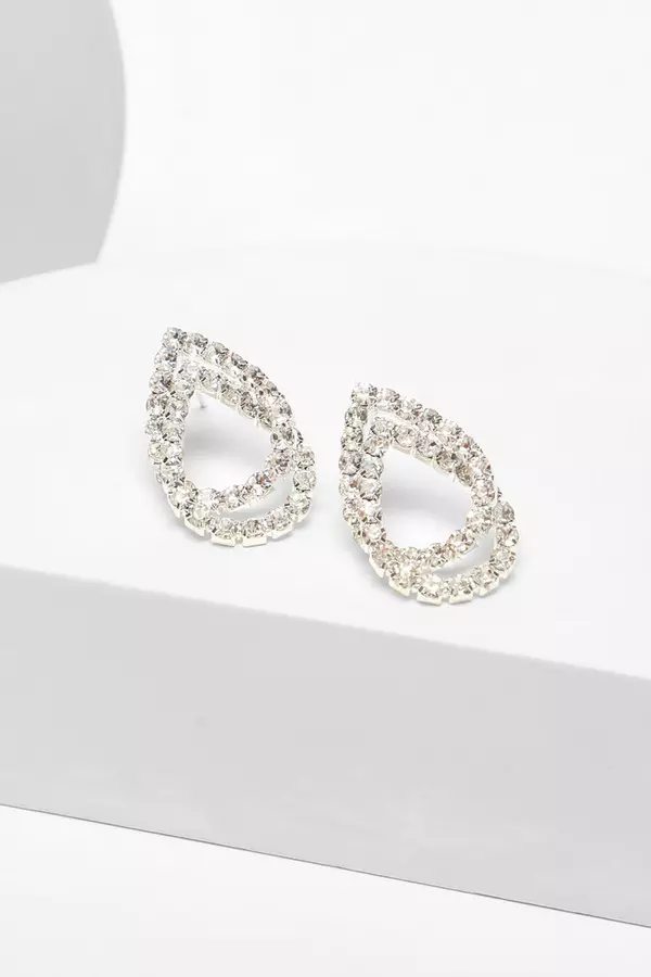 Silver Diamante Teardrop Stud Earrings