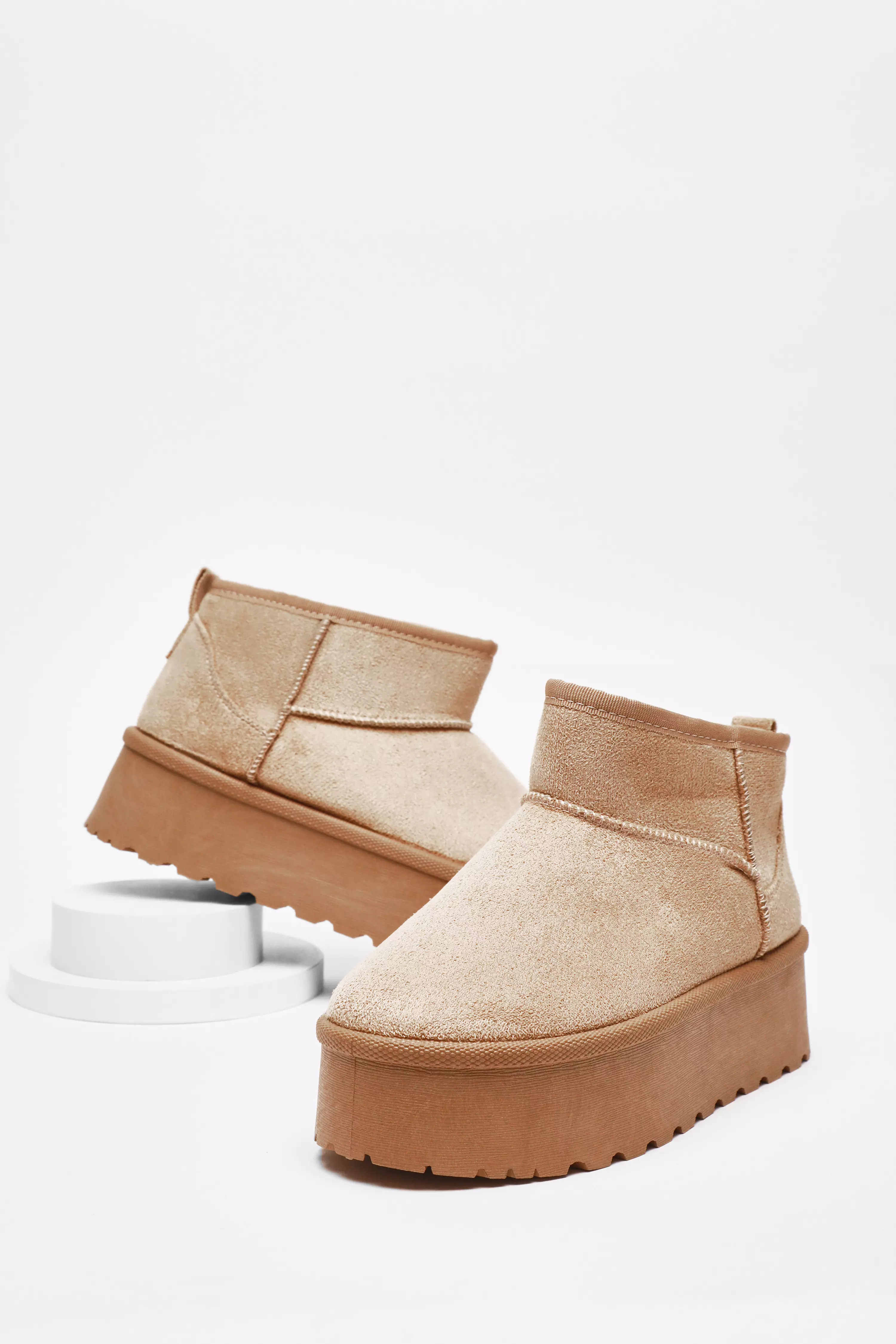 Beige Faux Suede Platform Ankle Boots