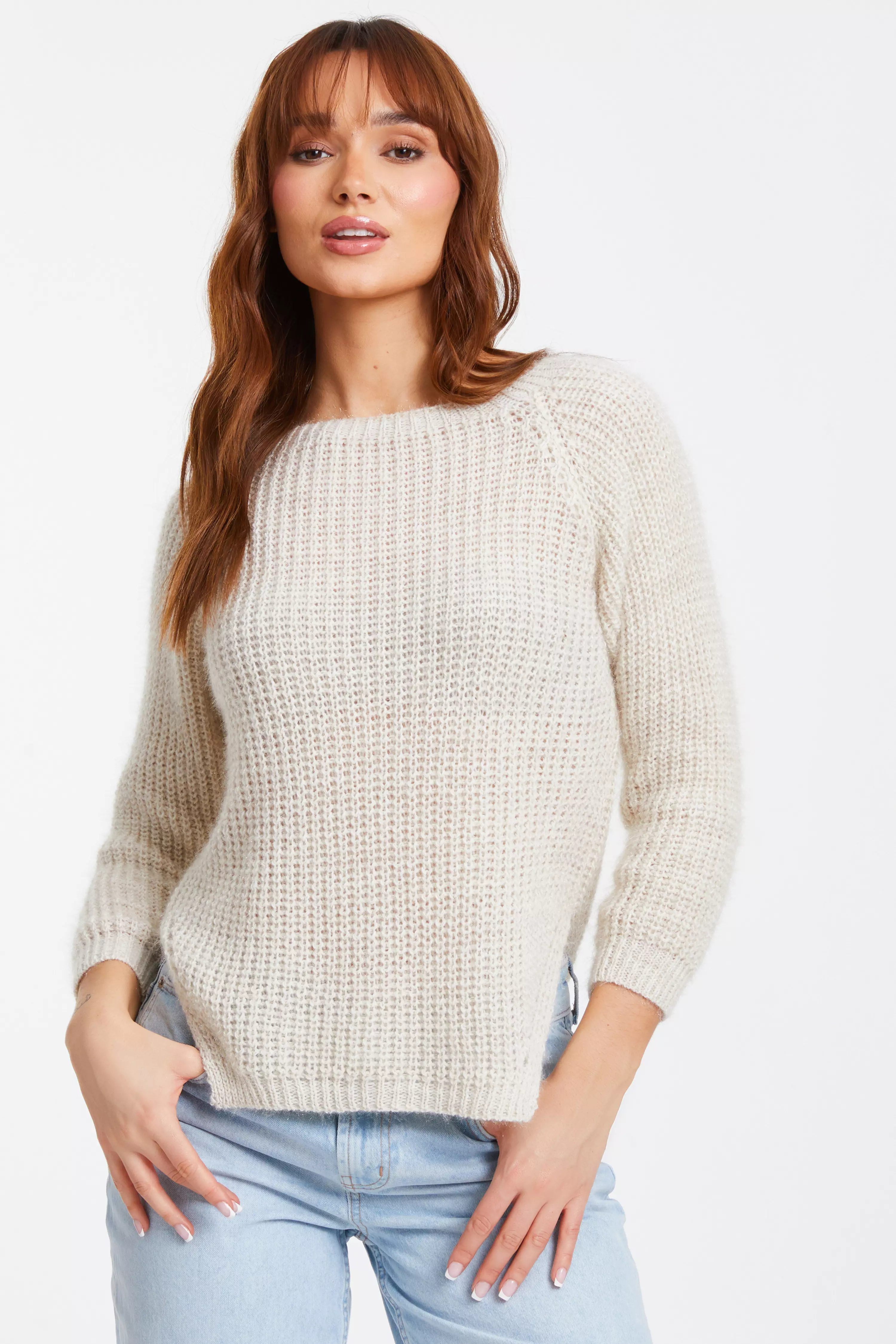 Stone Knit Split Hem Necklace Jumper