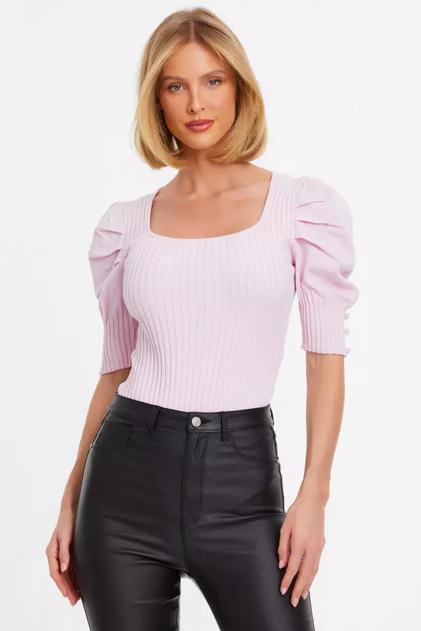 Pink Knitted Puff Sleeve Bodysuit
