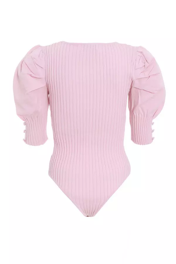 Pink Knitted Puff Sleeve Bodysuit