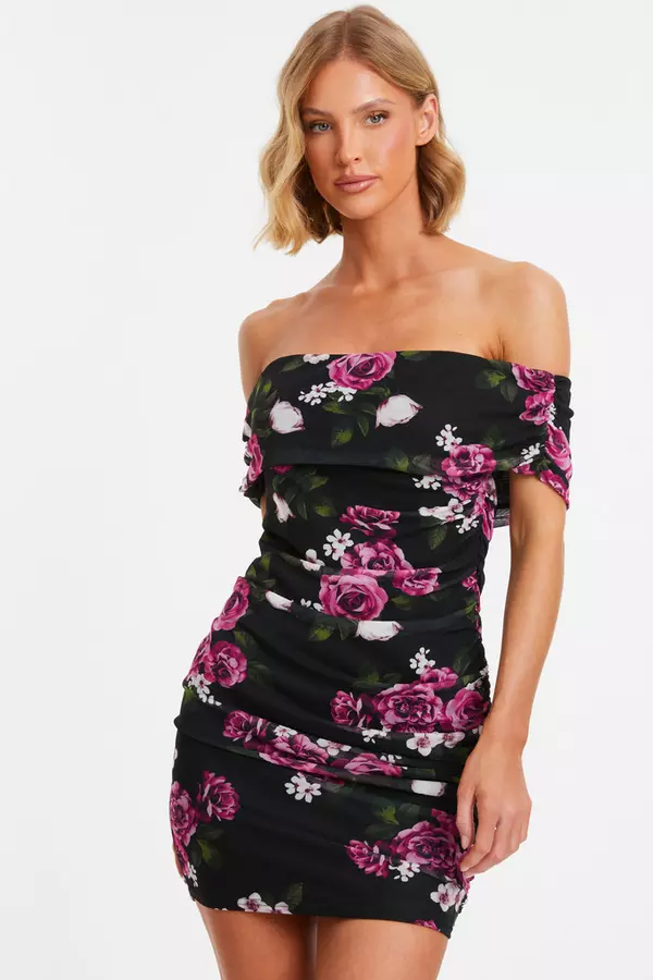 Black Floral Mesh Bardot Mini Dress