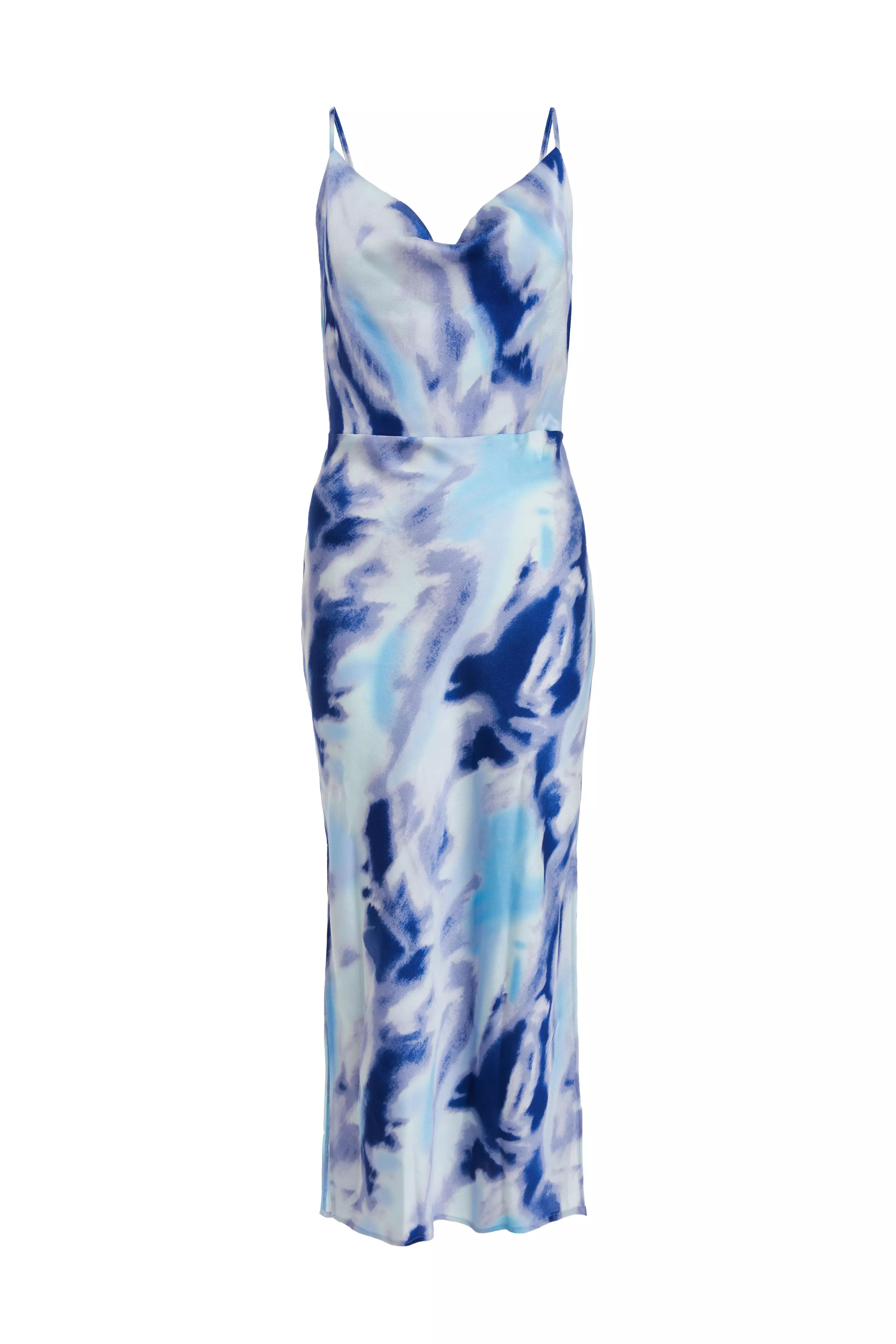 Petite Blue Satin Marble Print Midi Dress