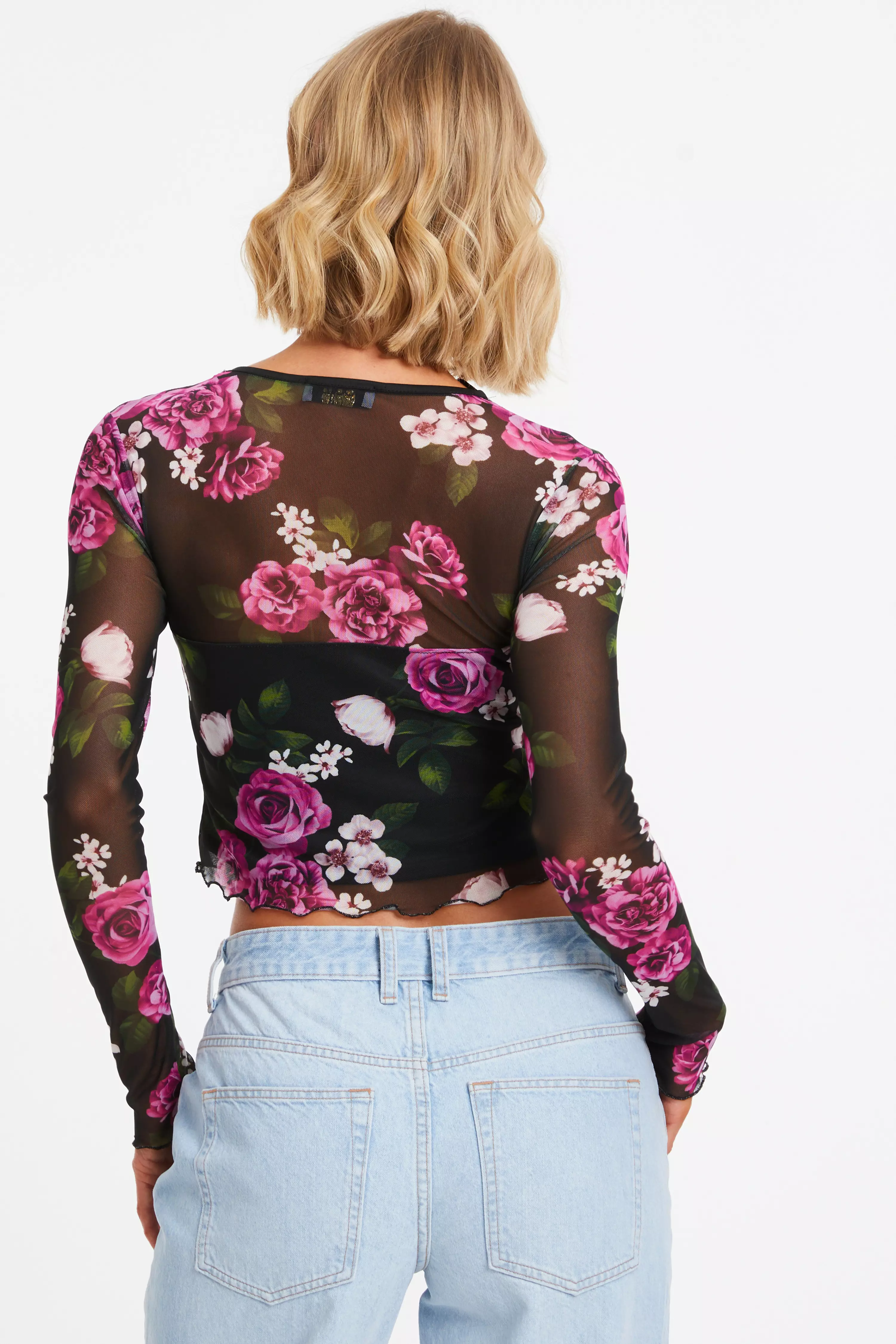 Black Mesh Floral Crop Top