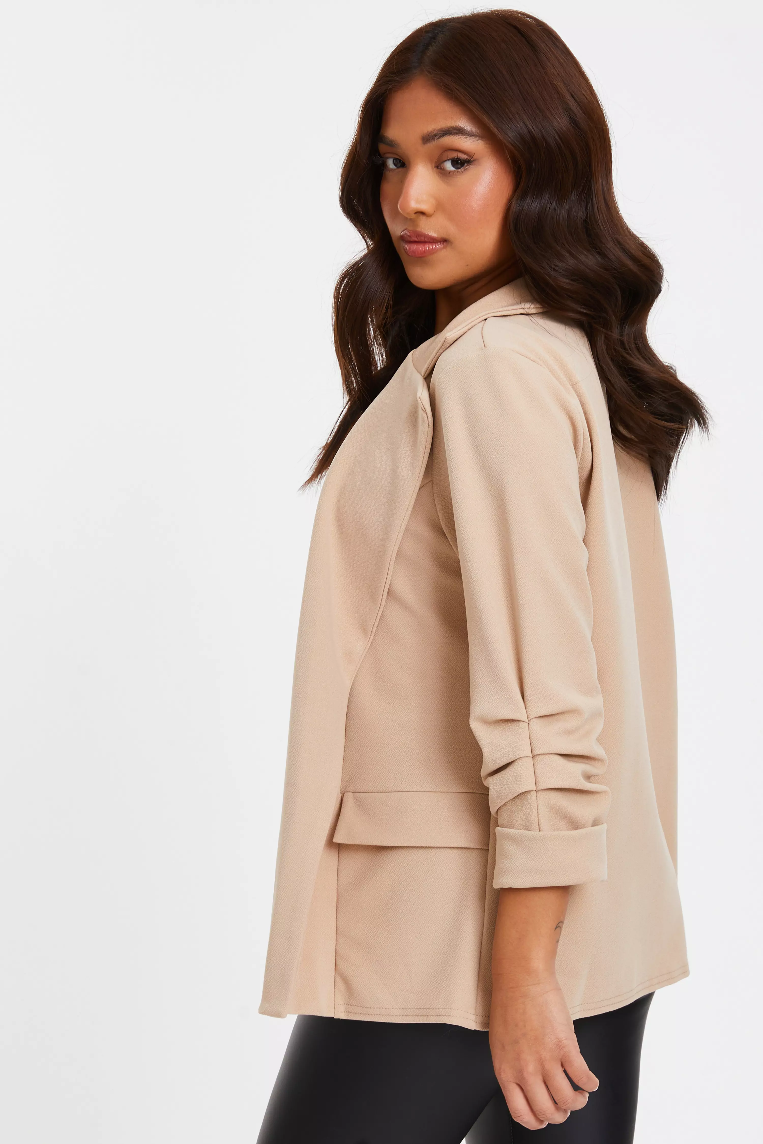 Petite Stone Ruched Sleeve Blazer