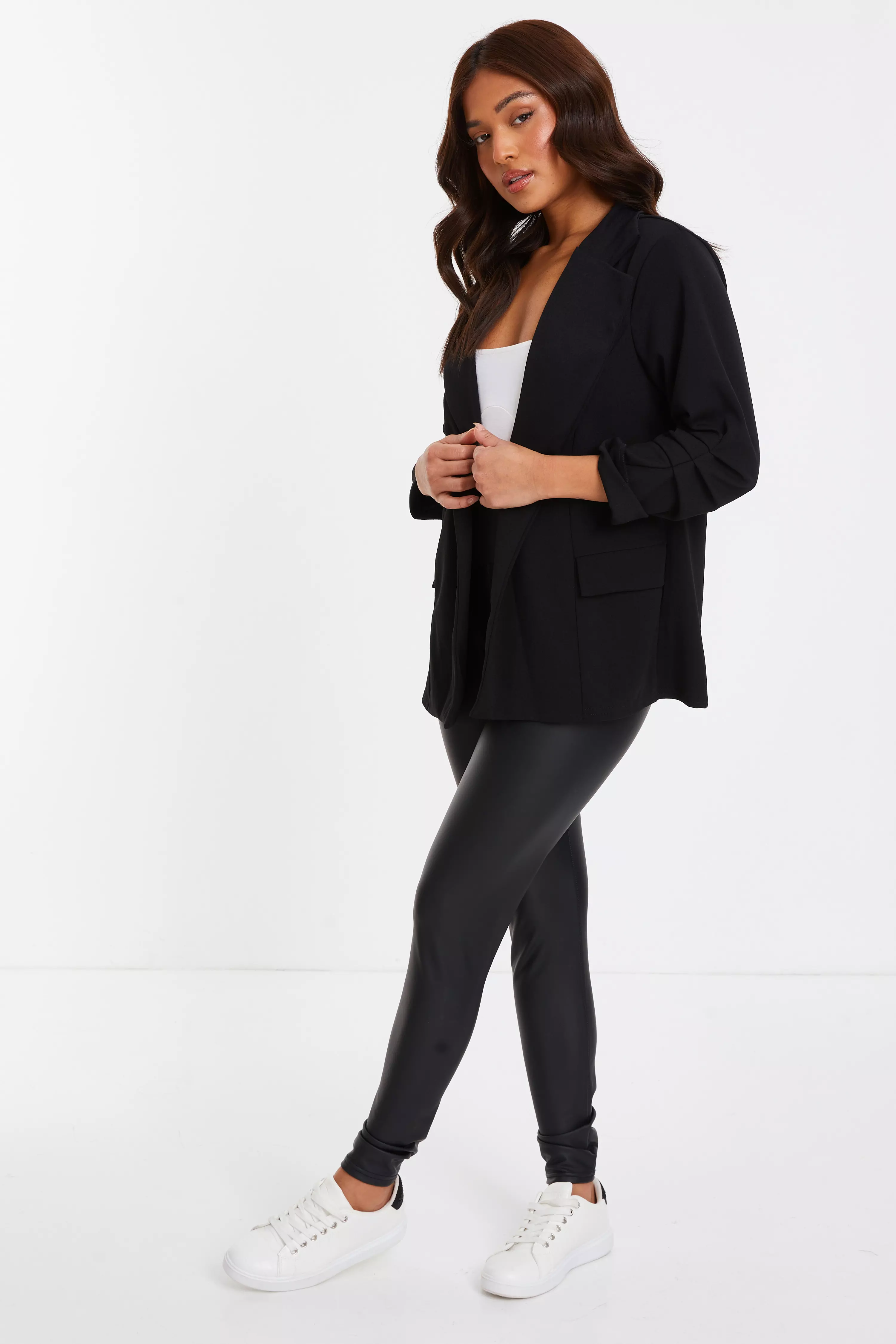 Petite Black Ruched 3/4 Sleeve Blazer