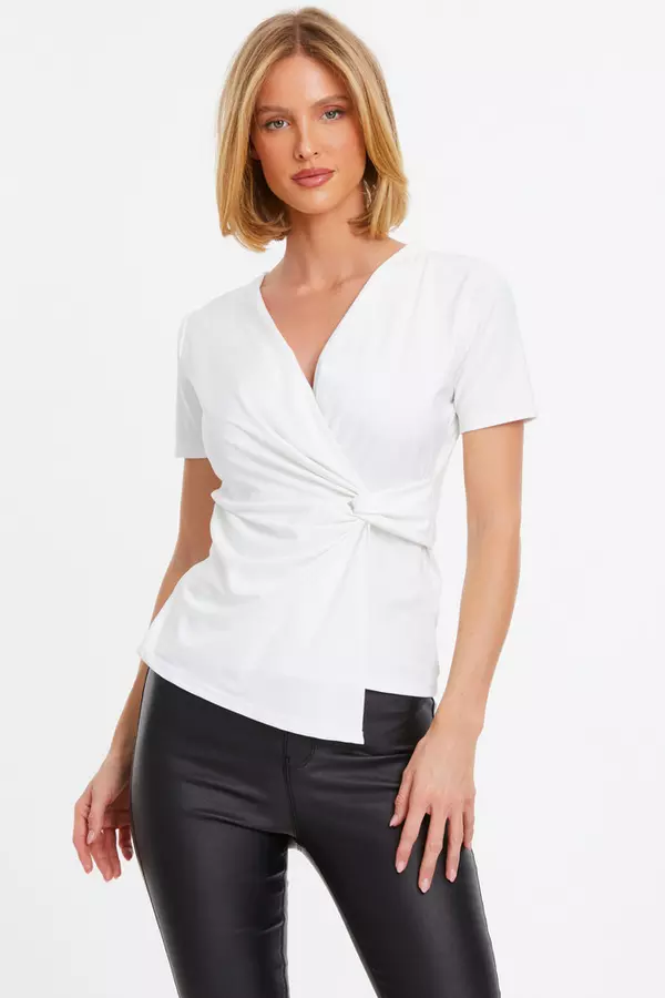 White Wrap Ruched Tie Top
