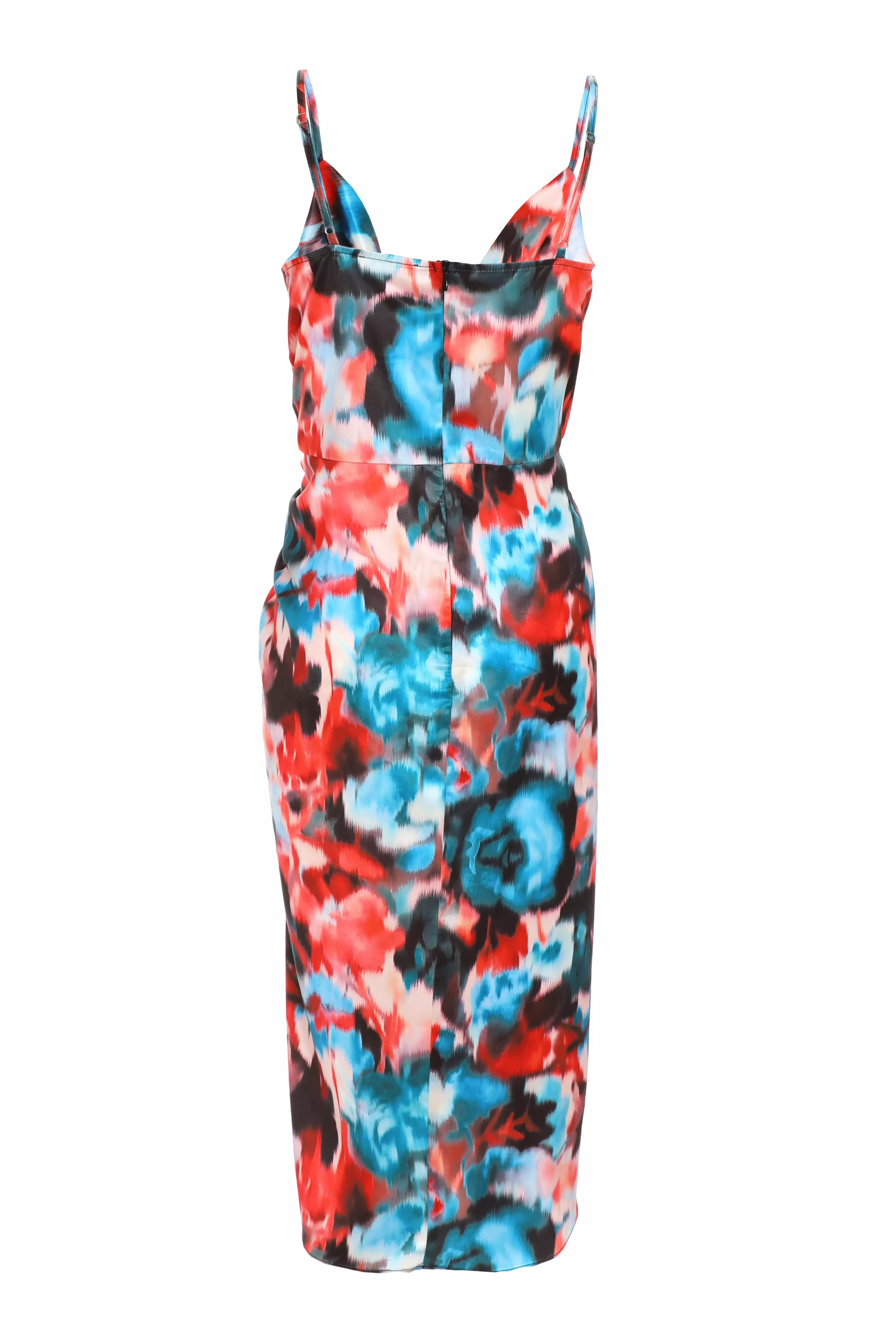 Multicoloured Satin Smudge Print Wrap Midi Dress