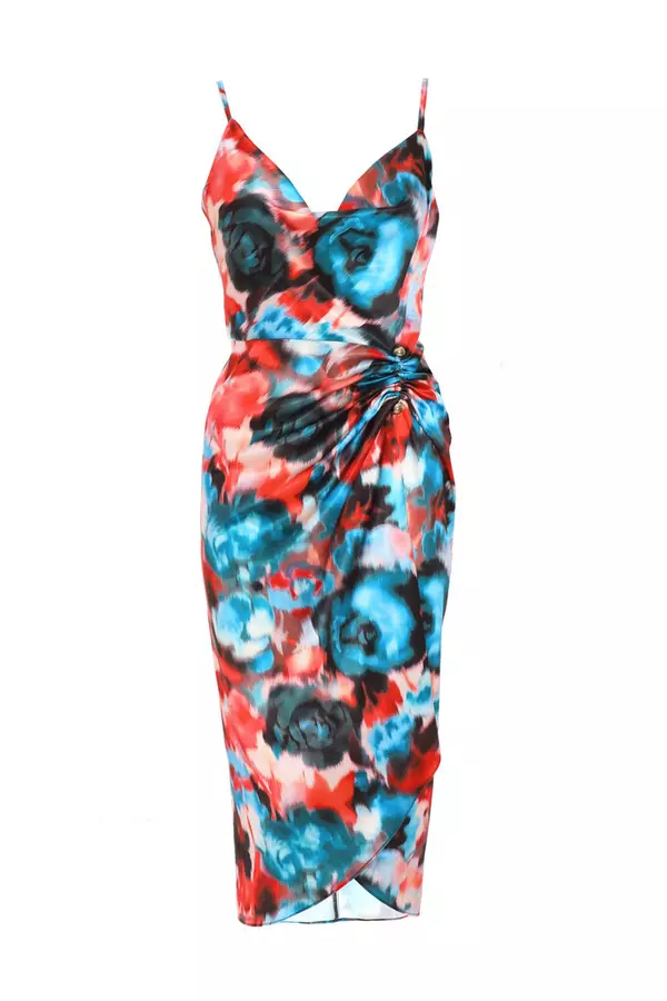 Multicoloured Satin Smudge Print Wrap Midi Dress
