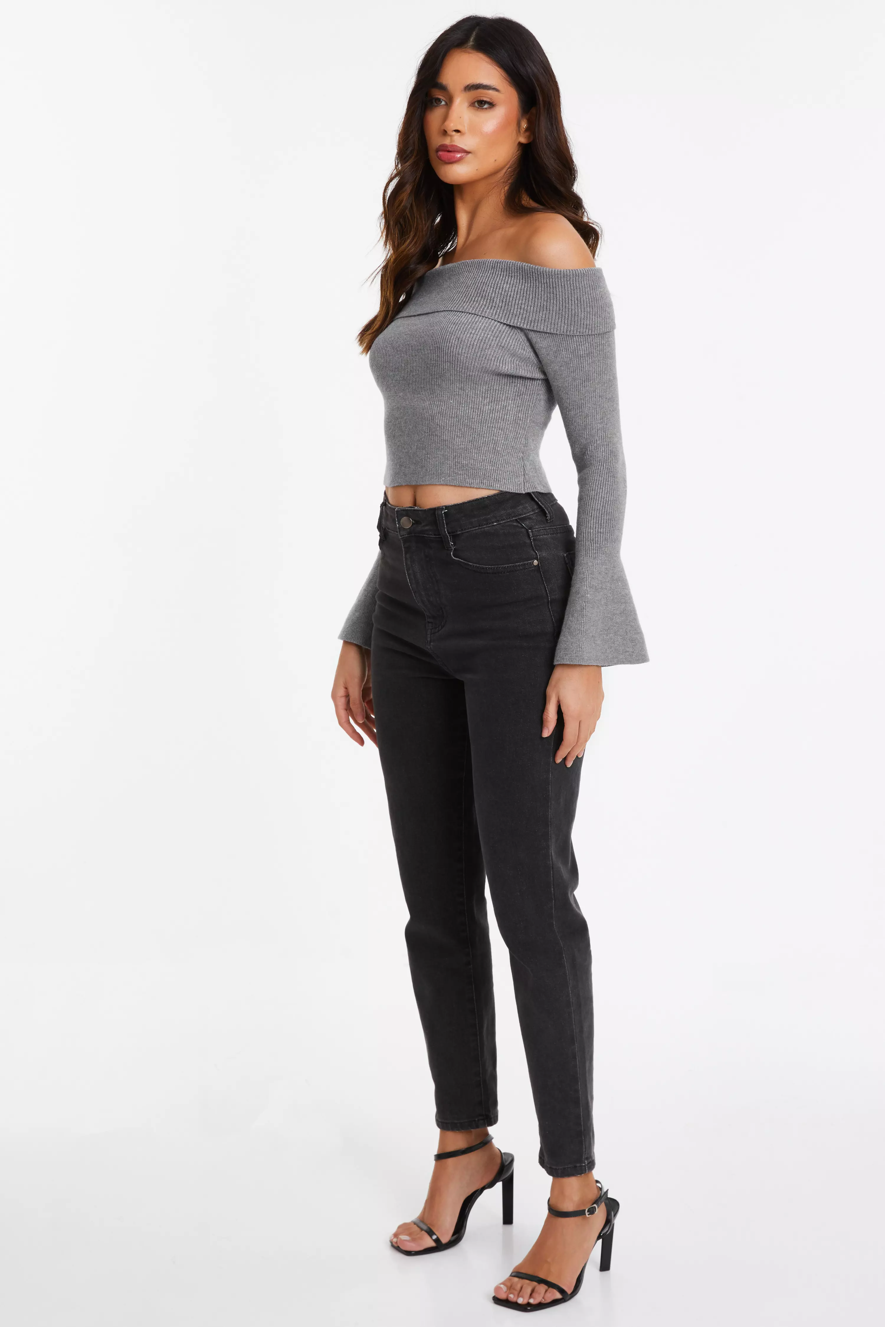 Grey Ribbed Bardot Jumper