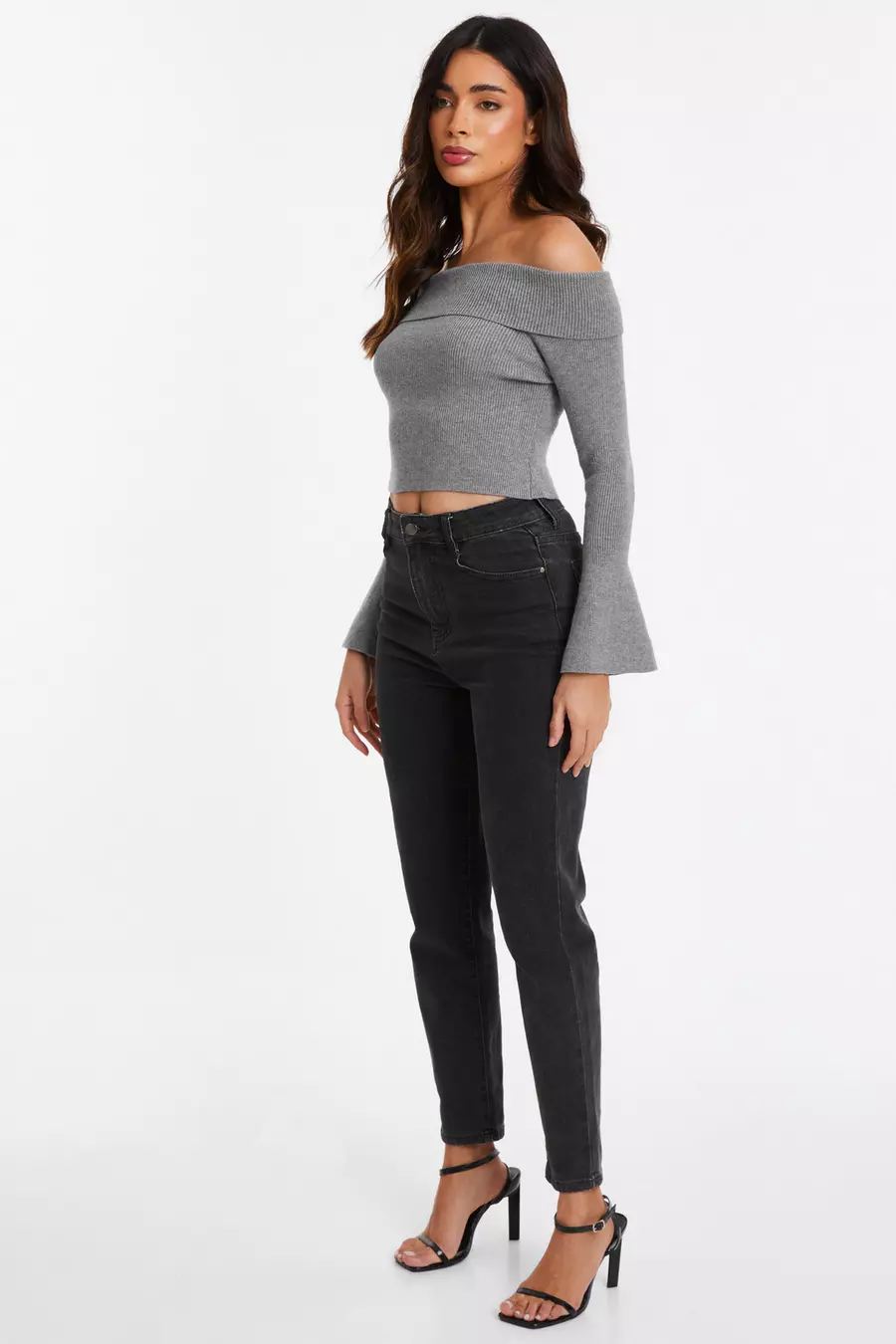 Grey Ribbed Bardot Jumper QUIZ Clothing