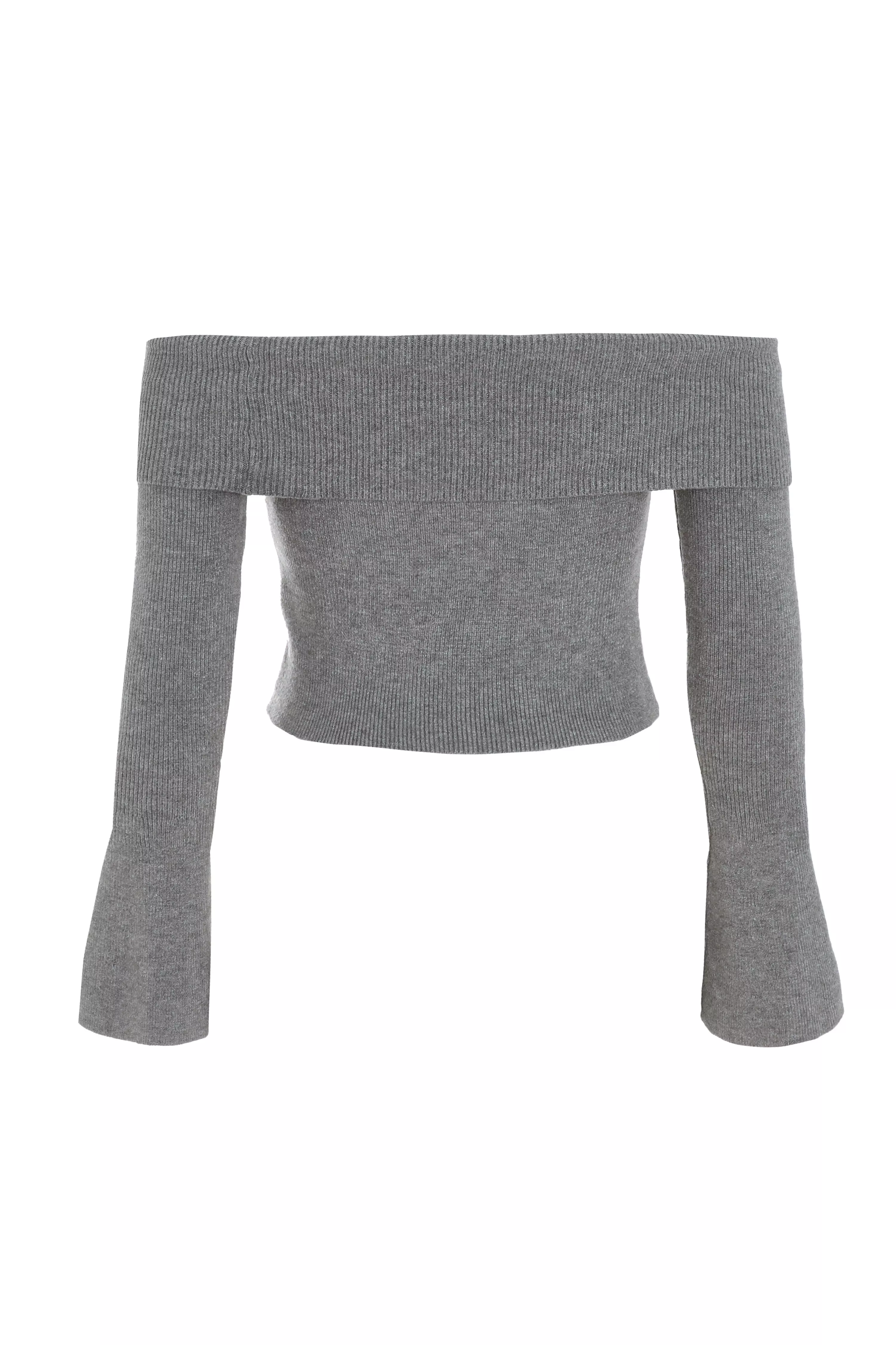 Grey Ribbed Bardot Jumper