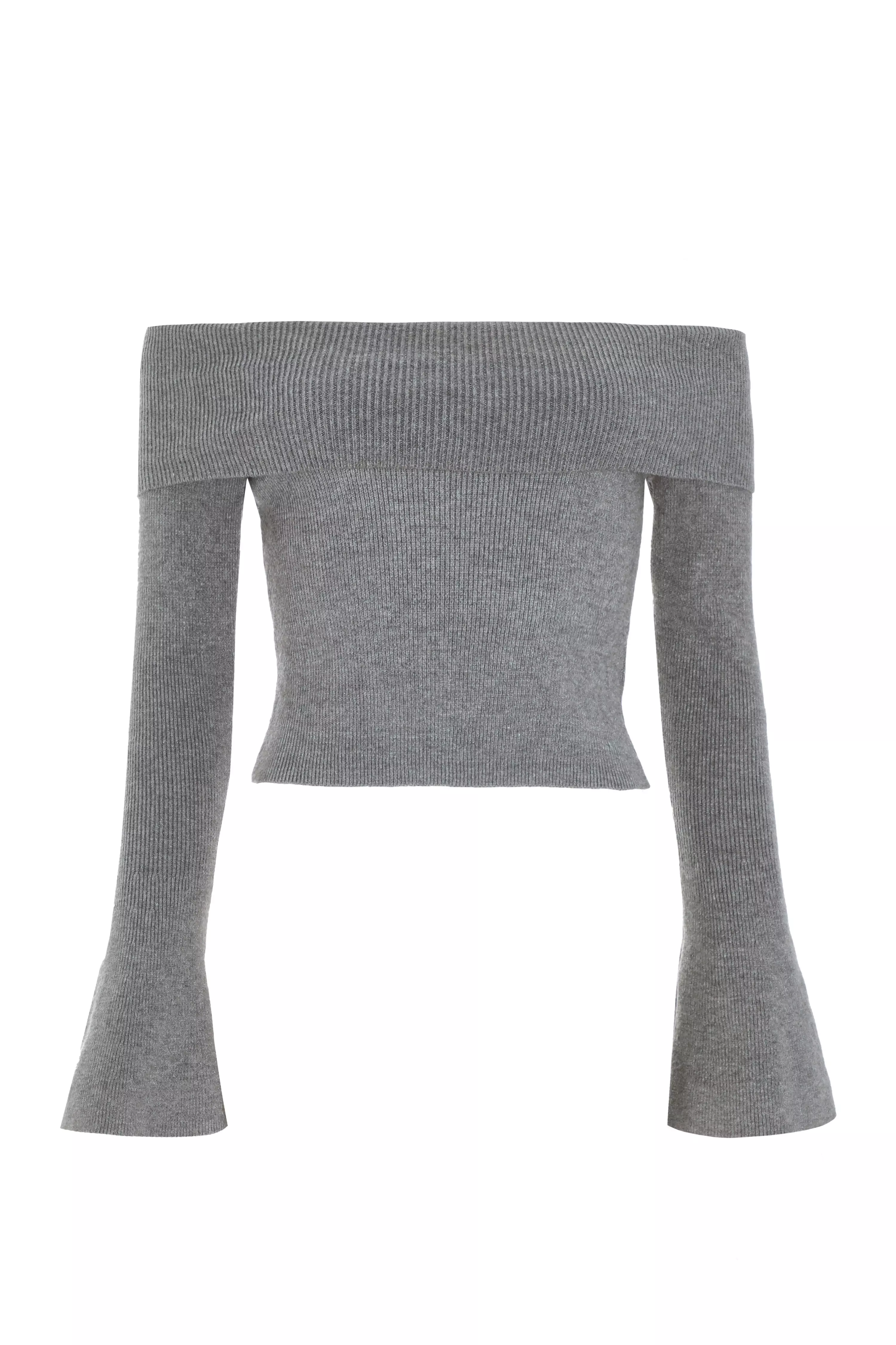 Grey Ribbed Bardot Jumper