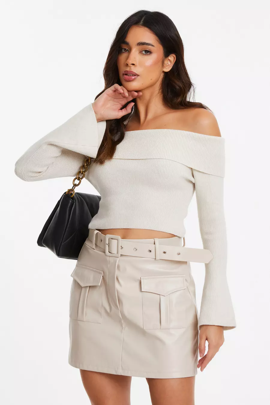 Stone Ribbed Bardot Jumper QUIZ Clothing