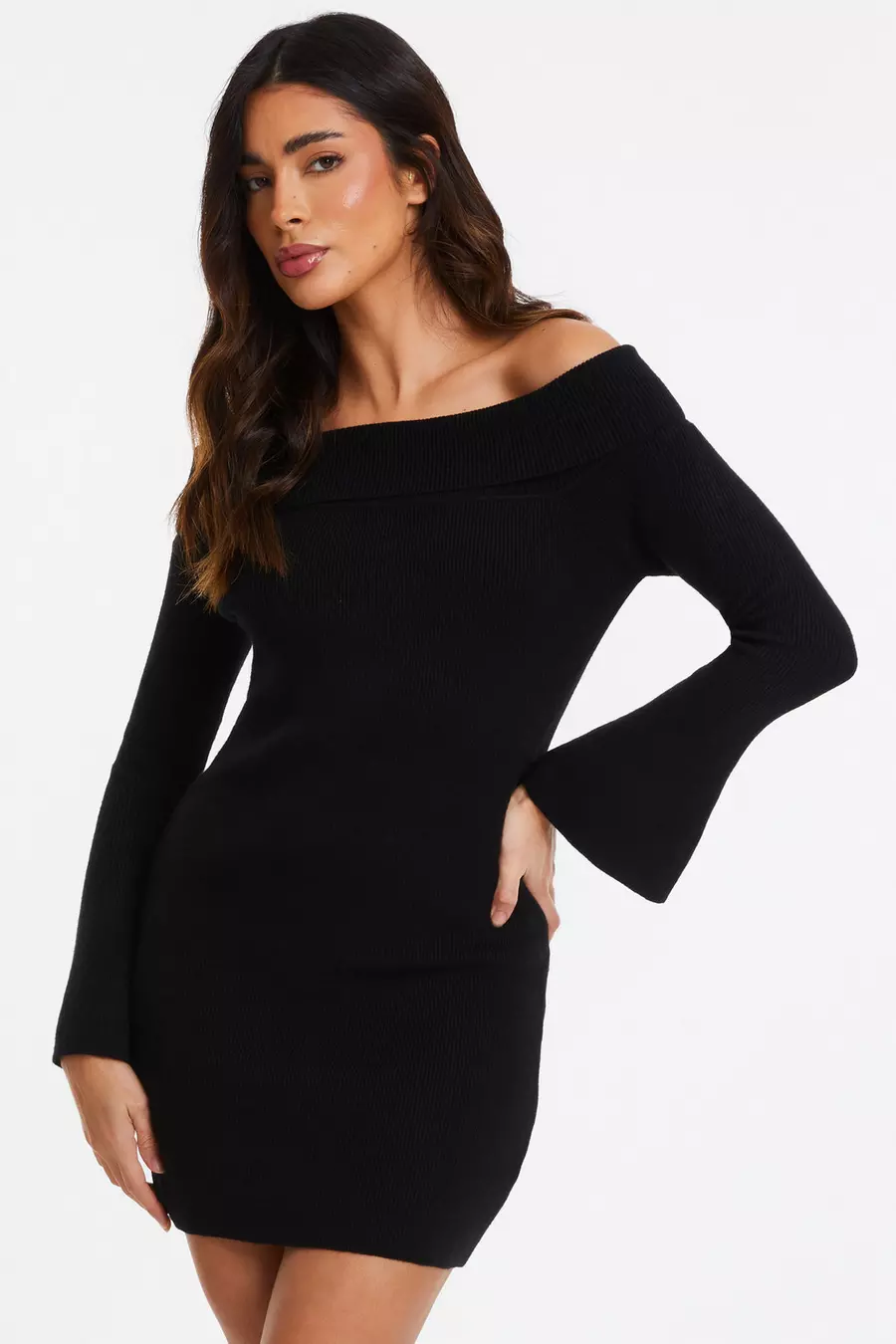 Black Ribbed Bardot Mini Jumper Dress QUIZ Clothing