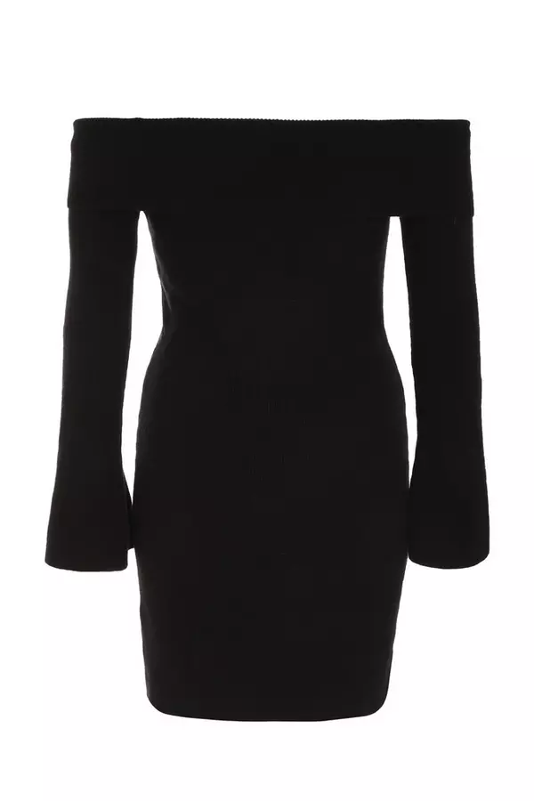 Black Ribbed Bardot Mini Jumper Dress