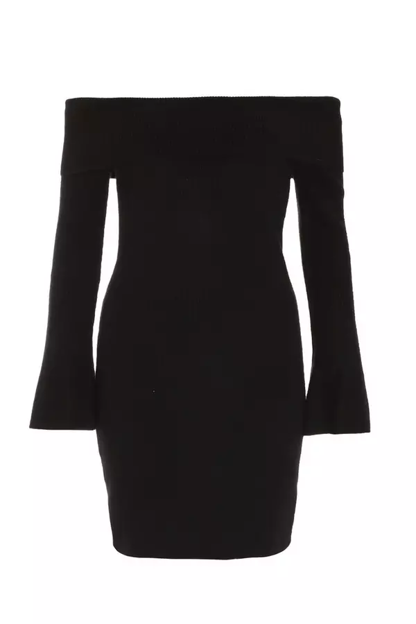 Black Ribbed Bardot Mini Jumper Dress