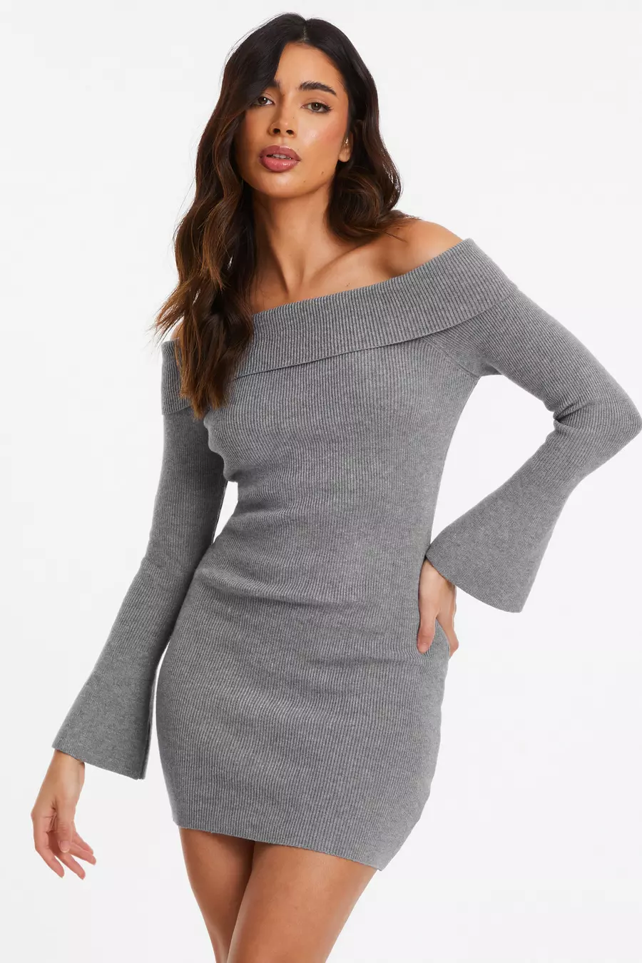 Grey Ribbed Bardot Mini Jumper Dress QUIZ Clothing