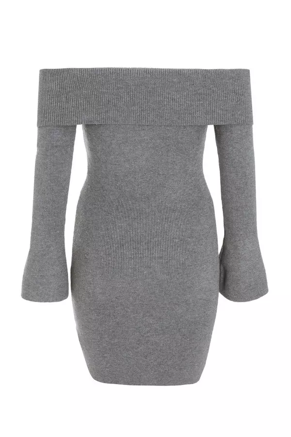Grey Ribbed Bardot Mini Jumper Dress
