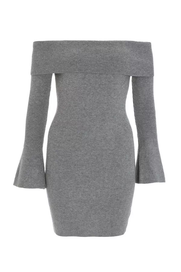Grey Ribbed Bardot Mini Jumper Dress