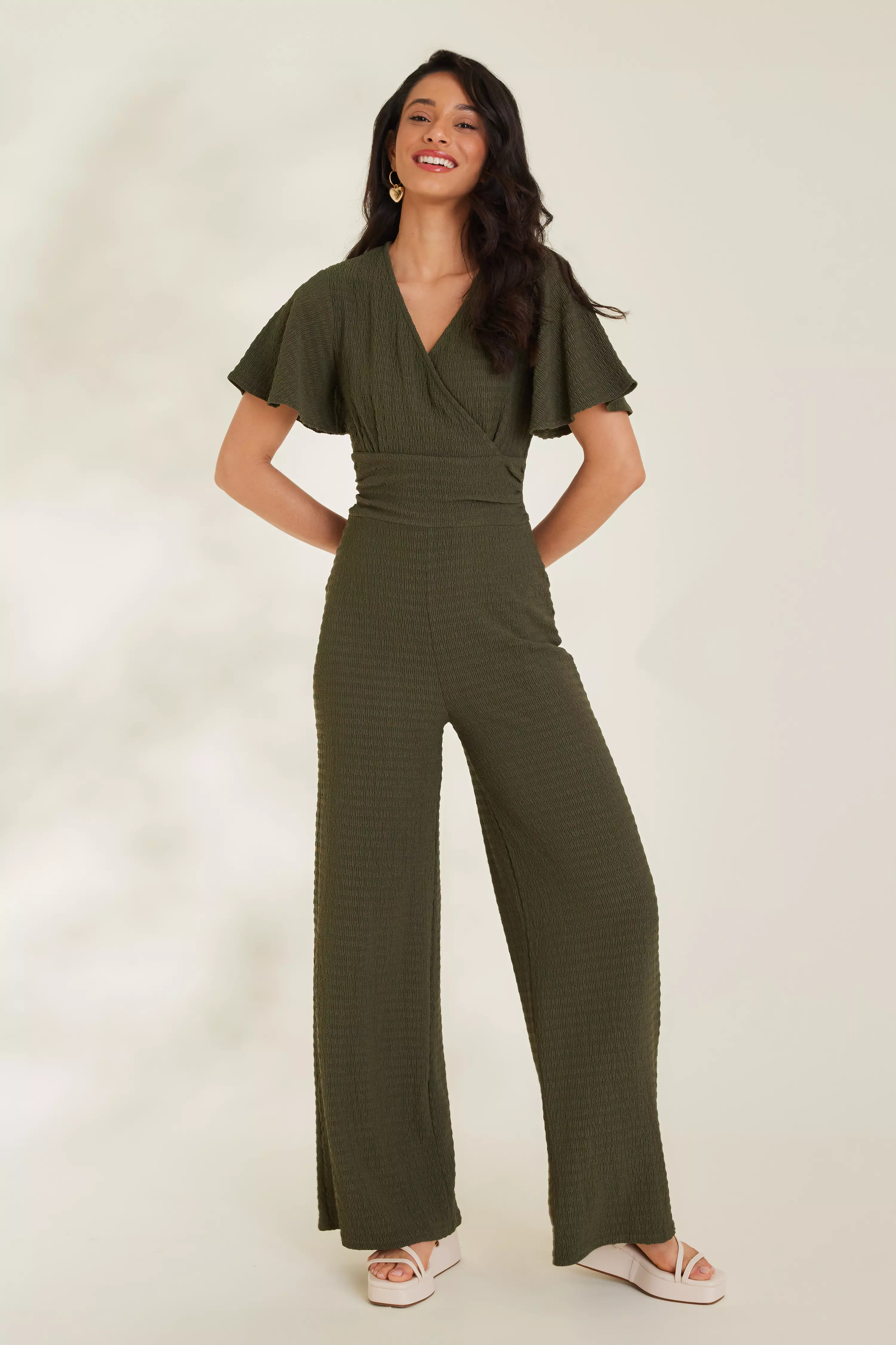 Khaki Textured Wrap Jumpsuit